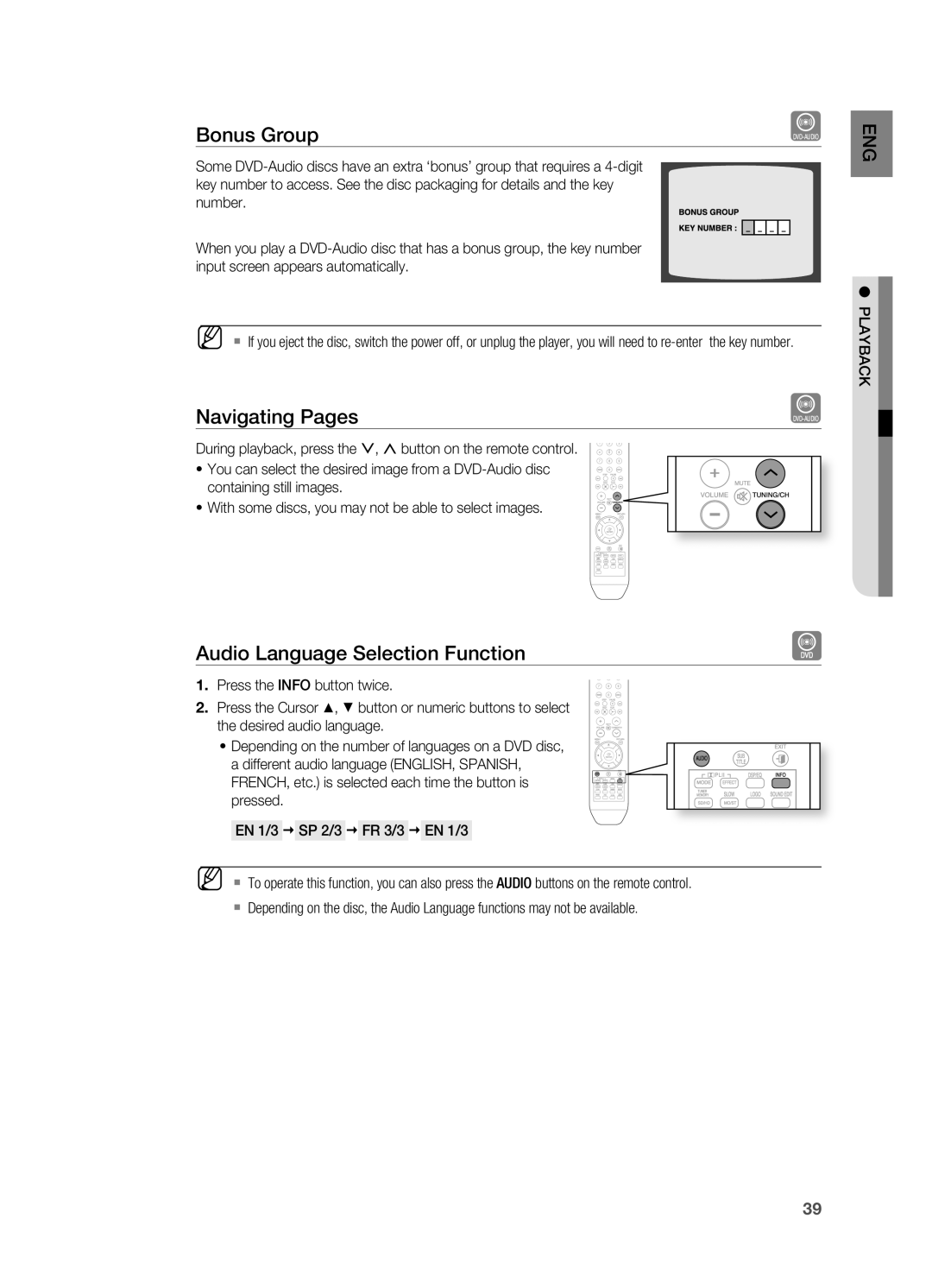 Samsung HT-TX715 user manual Bonus Group, Navigating Pages, Audio Language Selection Function 
