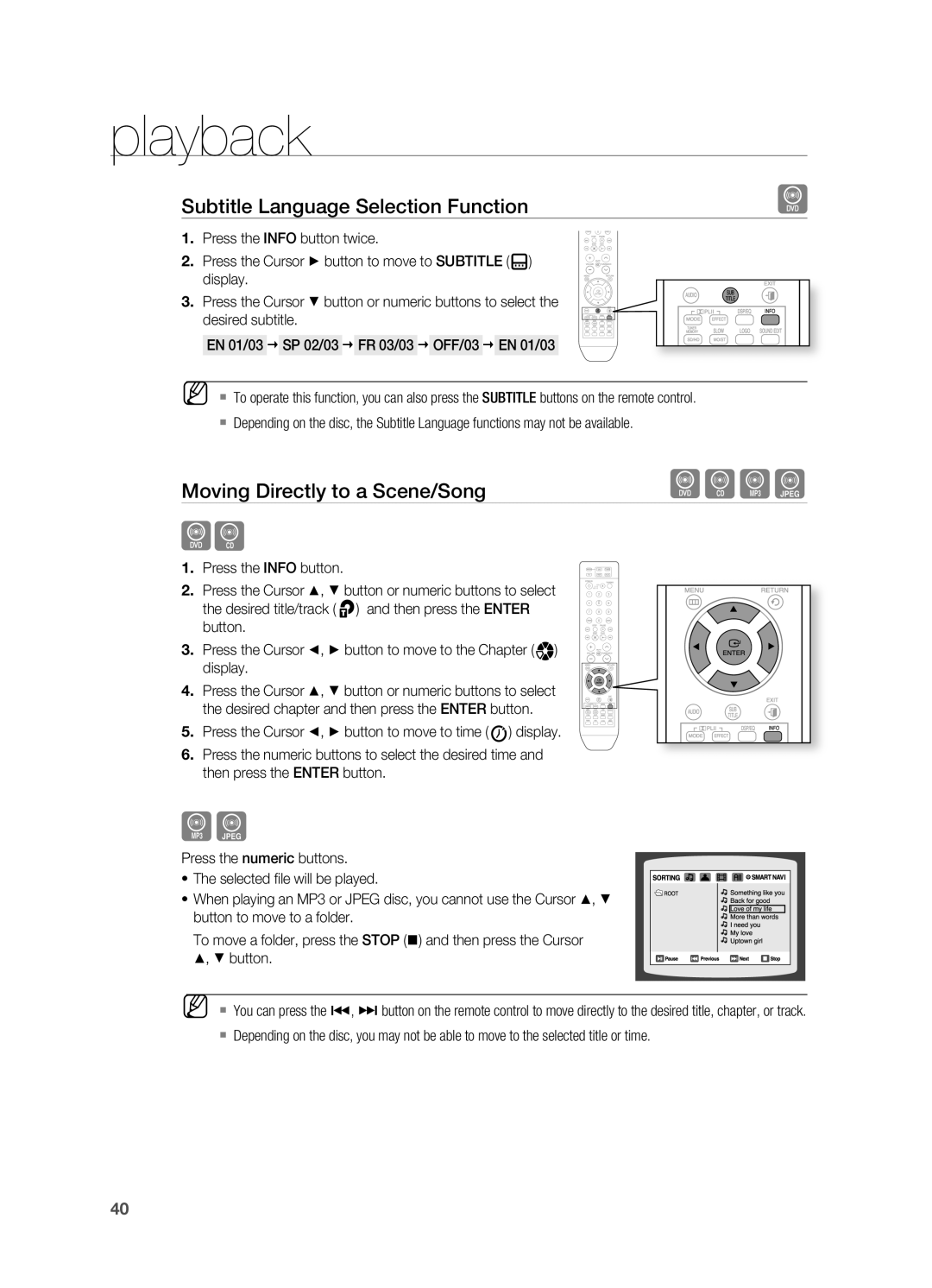 Samsung HT-TX715 user manual playback, Subtitle Language Selection Function, Moving Directly to a Scene/Song 