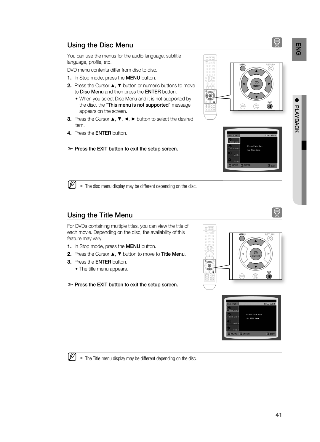 Samsung HT-TX715 user manual Using the Disc Menu, Using the Title Menu 