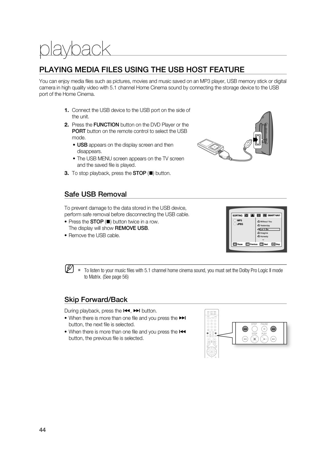Samsung HT-TX715 user manual PLAYING MEDIA FILES USING THE USB HOST FEATUrE, playback, Safe USB removal, Skip Forward/Back 