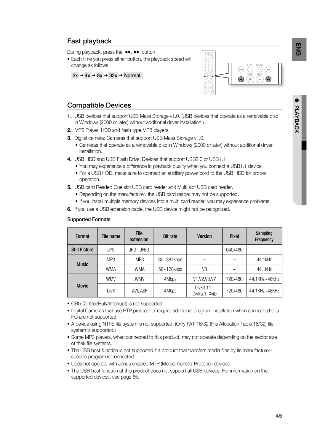 Samsung HT-TX715 user manual Fast playback, Compatible Devices 