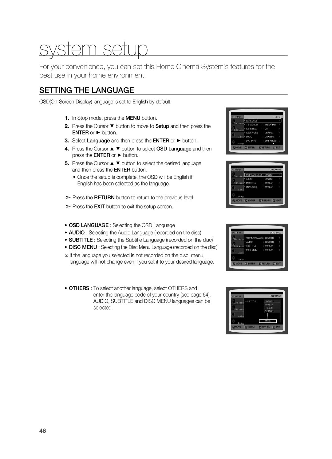 Samsung HT-TX715 user manual system setup, Setting the Language 