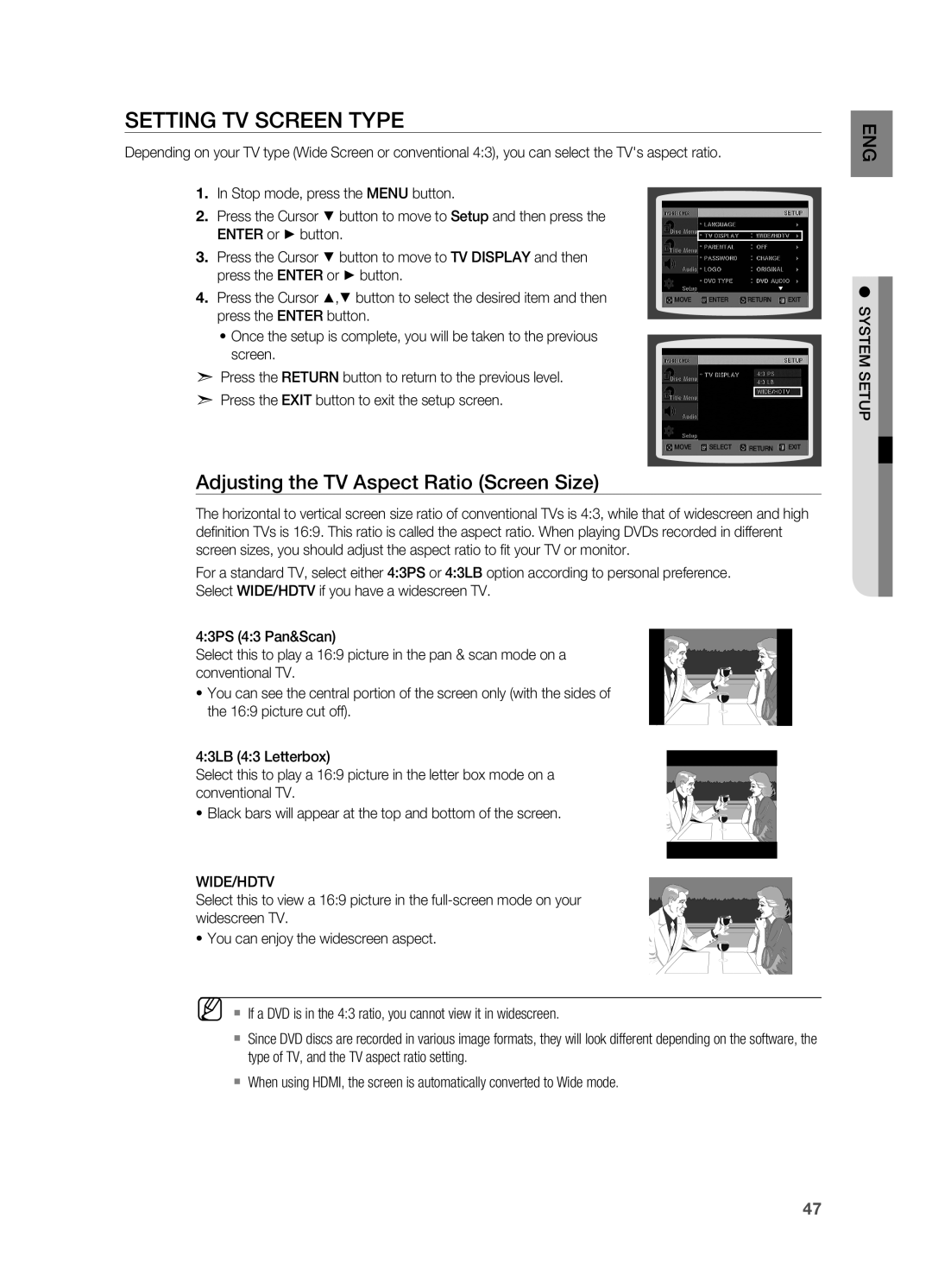 Samsung HT-TX715 user manual Setting TV Screen Type, Adjusting the TV Aspect Ratio Screen Size 