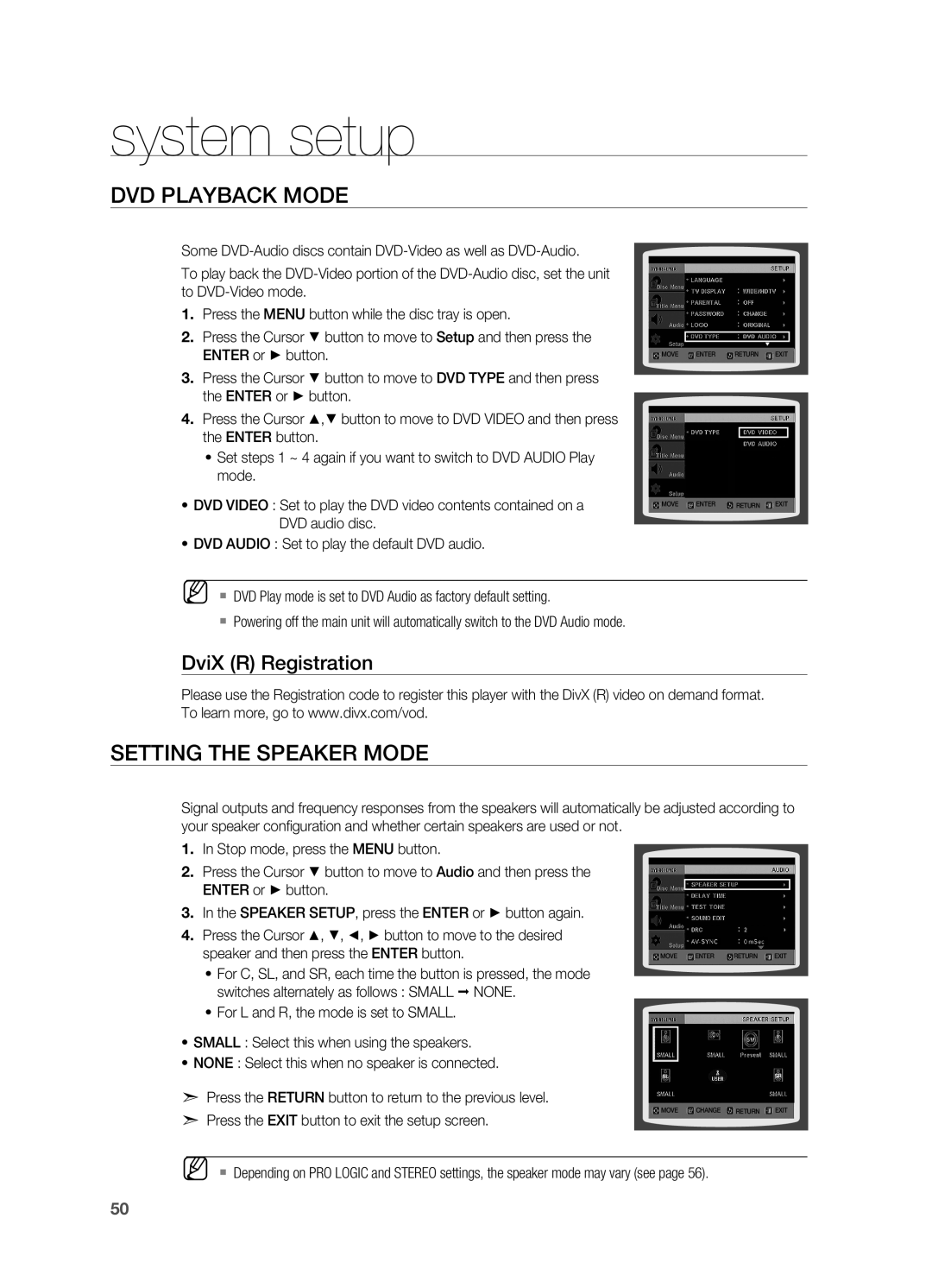 Samsung HT-TX715 user manual DVD Playback Mode, Setting the SPEAKER MODE, system setup, DviX R Registration 