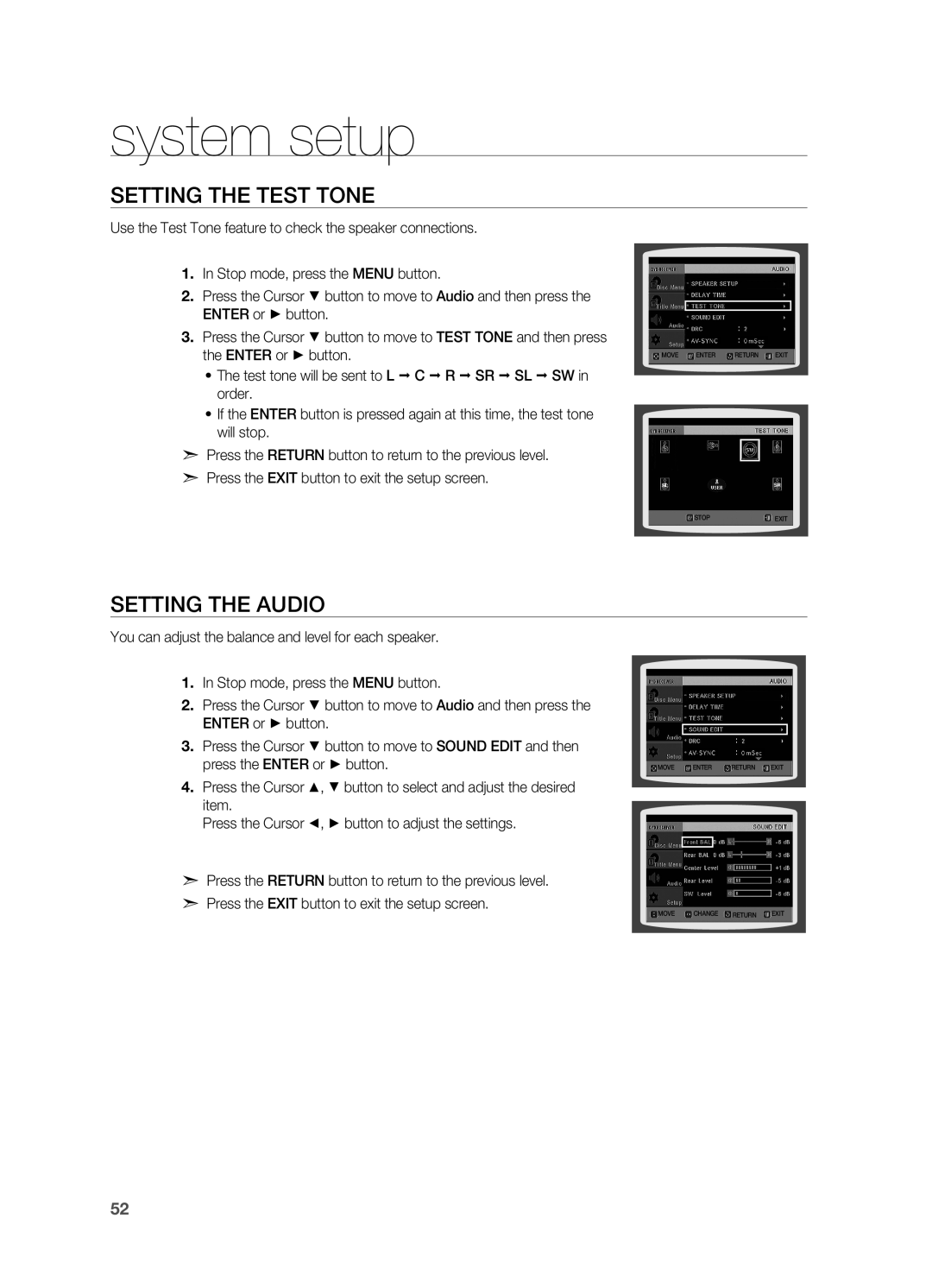 Samsung HT-TX715 user manual Setting the Test Tone, Setting the Audio, system setup 
