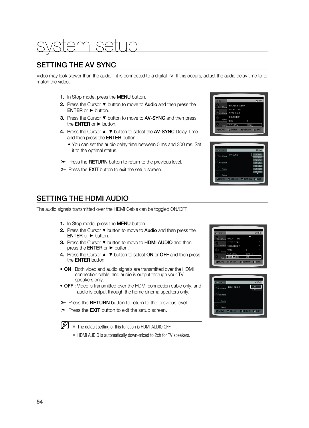 Samsung HT-TX715 user manual Setting the AV SYNC, Setting the HDMI Audio, system setup 