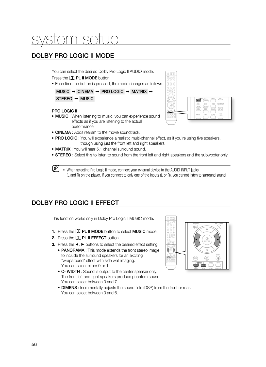 Samsung HT-TX715 user manual DOLBY PrO LOGIC II MODE, DOLBY PrO LOGIC II EFFECT, system setup 