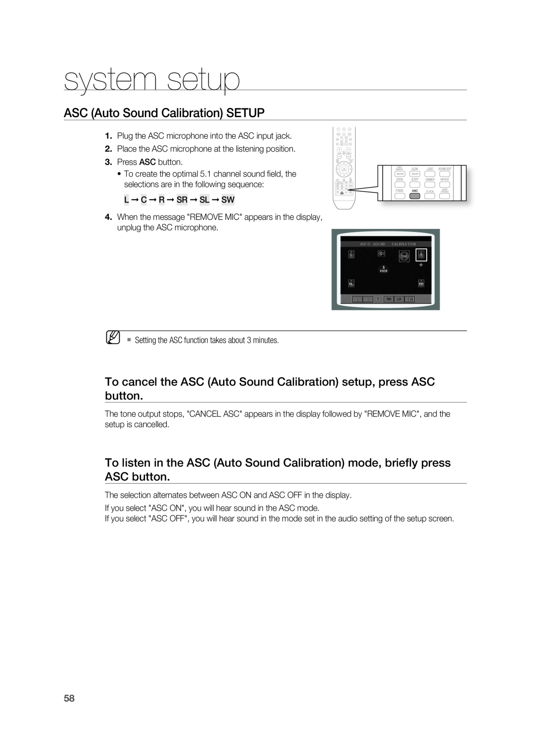 Samsung HT-TX715 user manual system setup, ASC Auto Sound Calibration SETUP, L C r Sr SL SW 