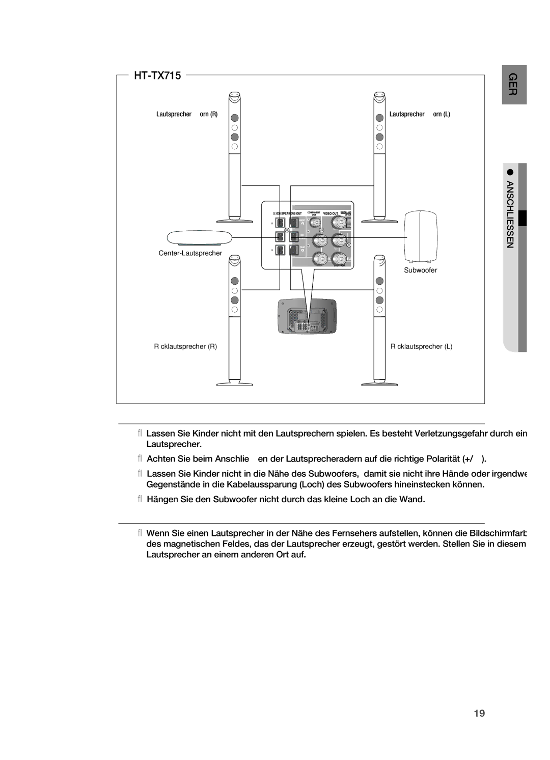 Samsung HT-TX715T/ADL, HT-TX715T/EDC, HT-TX715T/XEF, HT-X715T/EDC manual Anschliessen, LautsprecheraneinemanderenOrtauf 