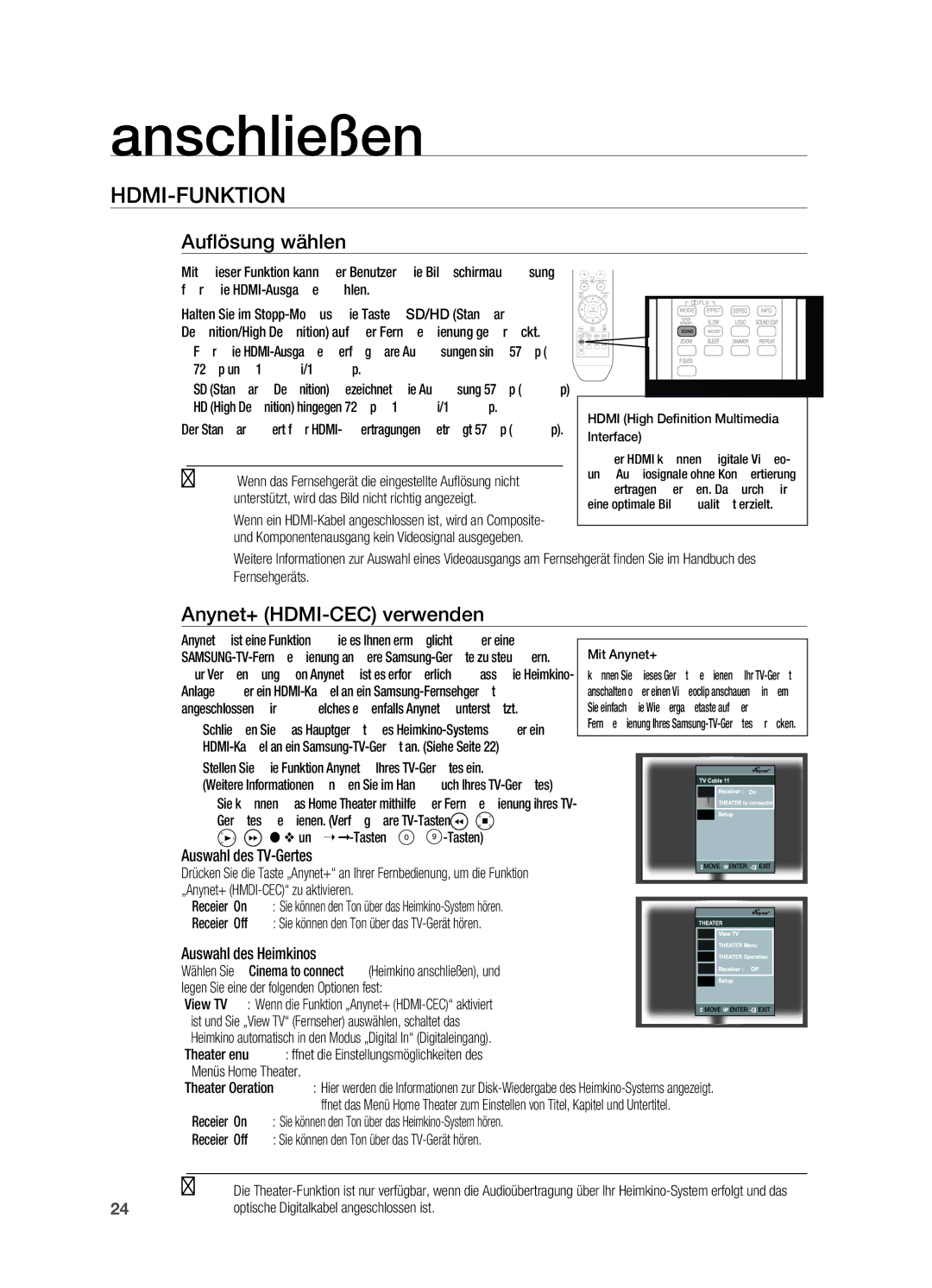 Samsung HT-TX715T/ADL, HT-TX715T/EDC manual HdmI-FunkTIon, Auﬂ ösung wählen, Anynet+ hdmI-CeC verwenden, $,%und ,+-Tasten 