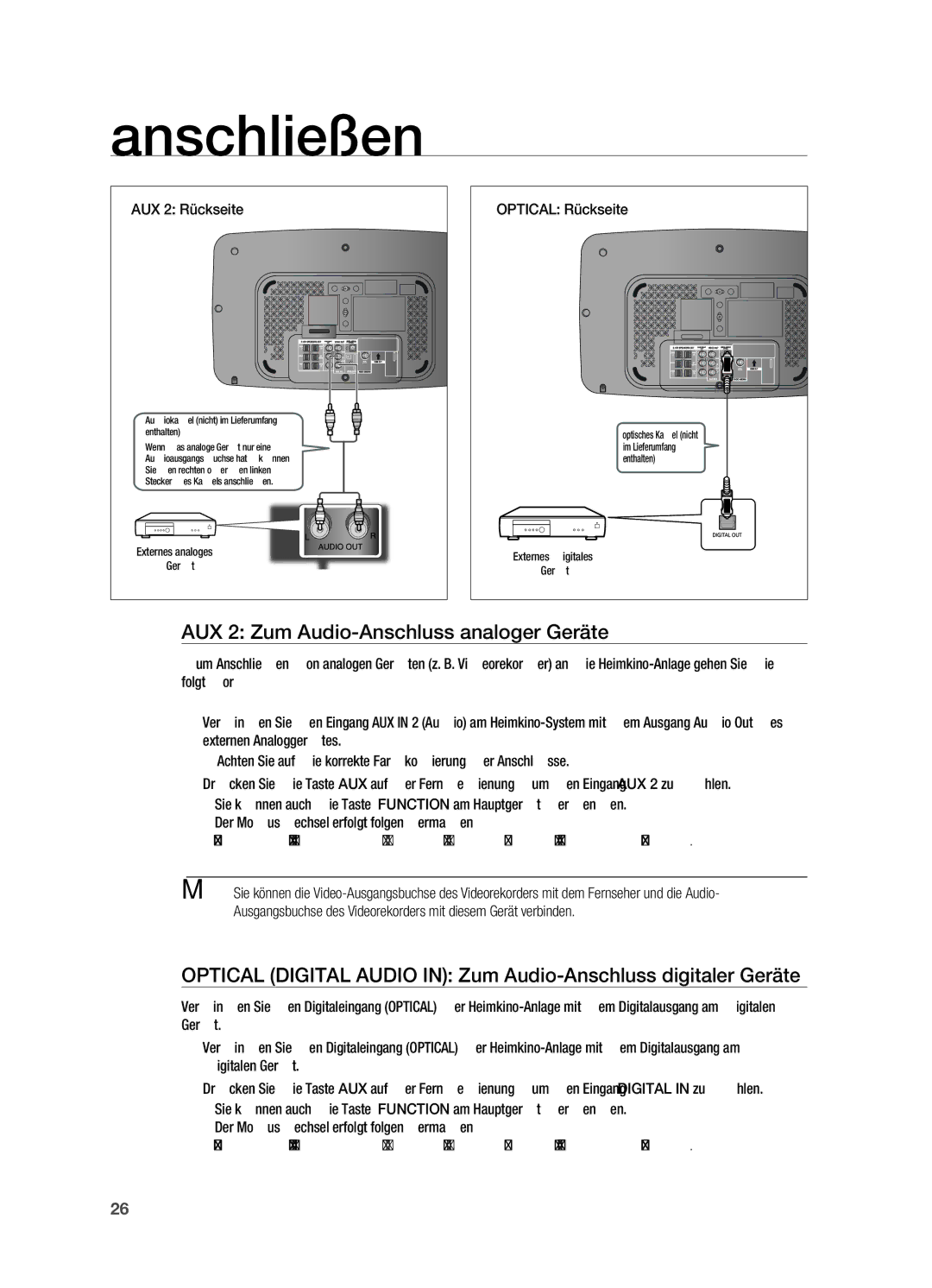 Samsung HT-TX715T/XEF, HT-TX715T/EDC manual AuX 2 Zum Audio-Anschluss analoger Geräte, AuX 2 rückseite, OpTICAL rückseite 