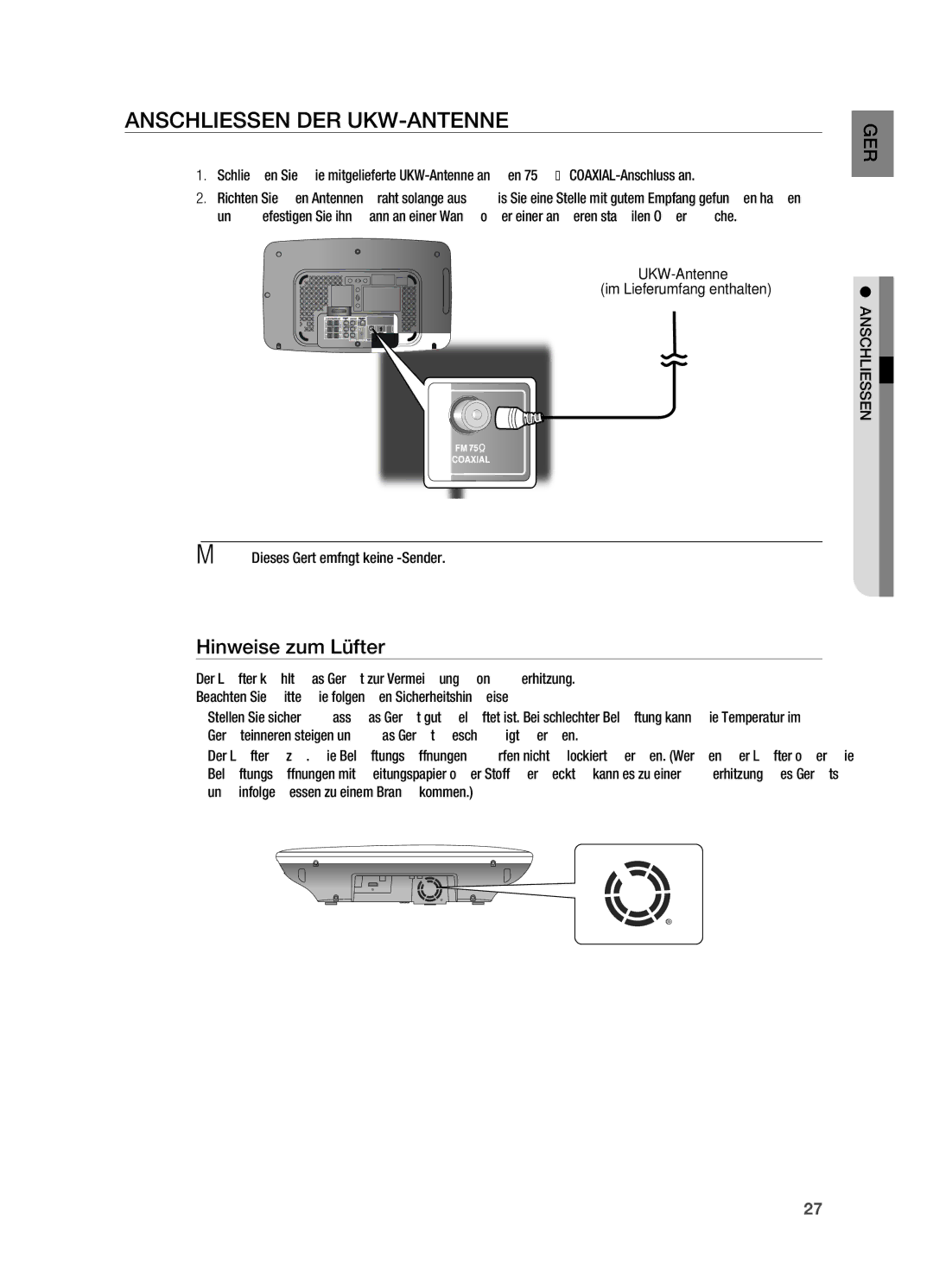 Samsung HT-X715T/EDC, HT-TX715T/EDC, HT-TX715T/XEF, HT-X715T/XEU manual AnsChLIessen der ukW-AnTenne, Hinweise zum Lüfter 