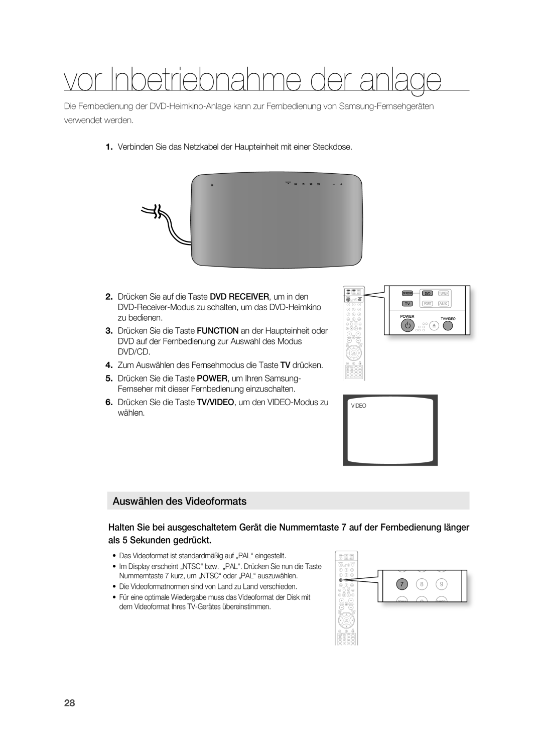 Samsung HT-X715T/XEU, HT-TX715T/EDC, HT-TX715T/XEF, HT-X715T/EDC Vor Inbetriebnahme der anlage, Auswählen des Videoformats 