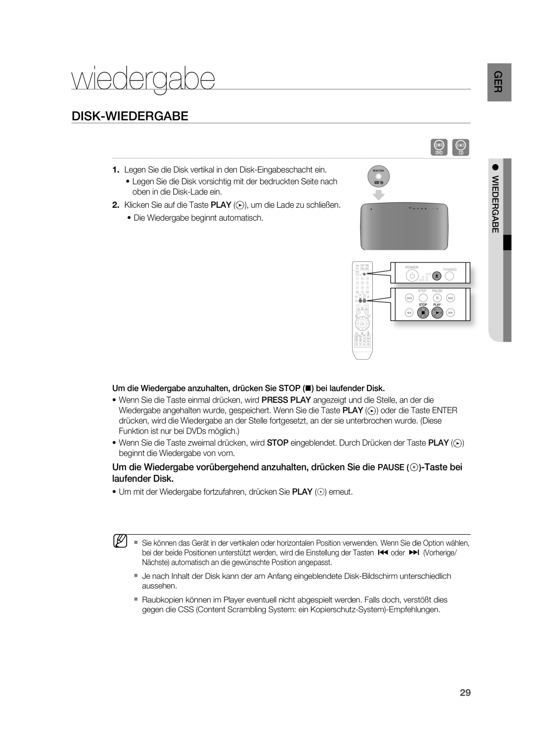 Samsung HT-TX715T/ADL, HT-TX715T/EDC, HT-TX715T/XEF, HT-X715T/EDC, HT-X715T/XEU manual Wiedergabe, DIsk-WIederGAbe 