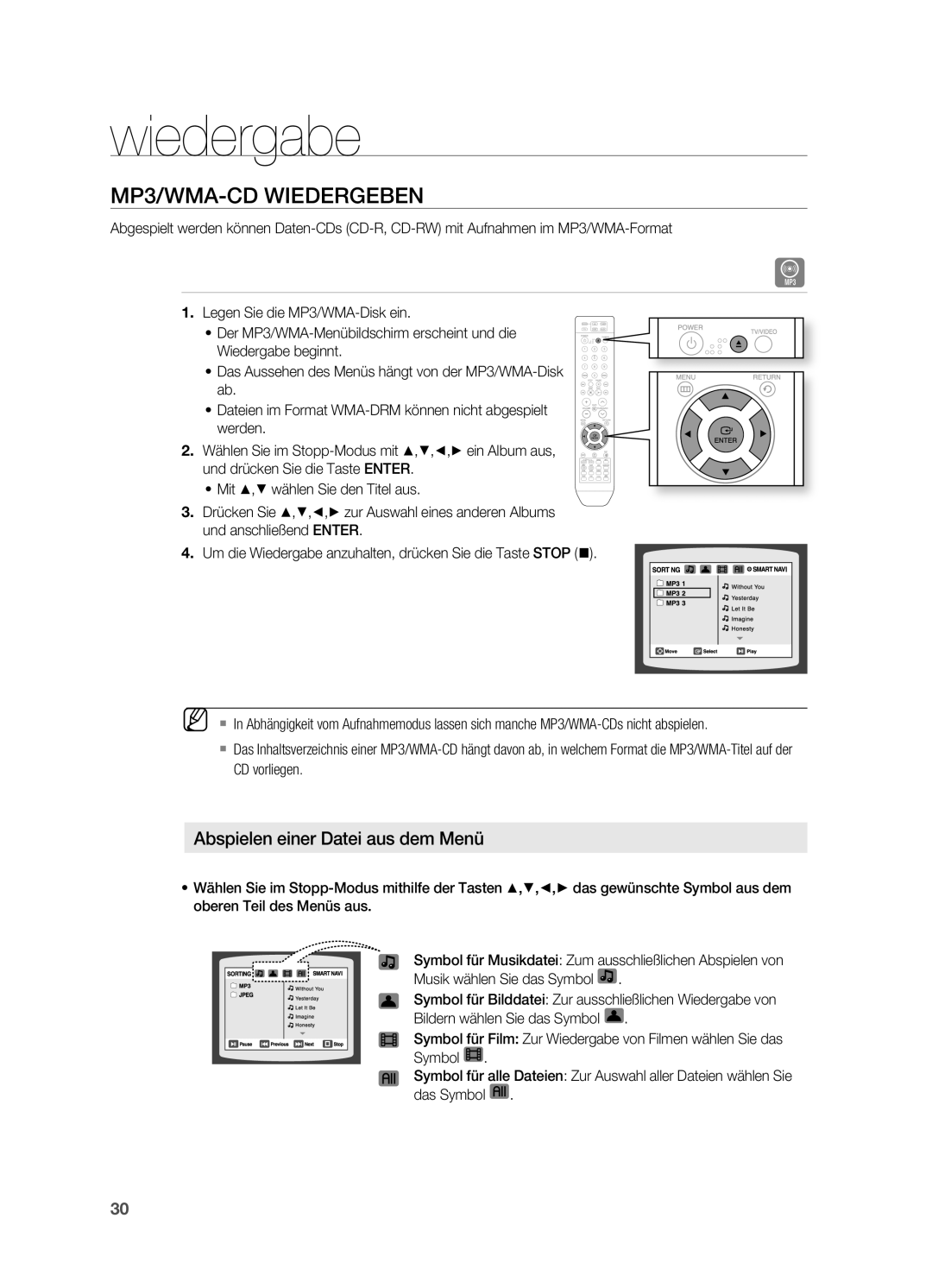 Samsung HT-TX715T/EDC, HT-TX715T/XEF, HT-X715T/EDC, HT-X715T/XEU Mp3/WmA-Cd WIederGeben, Abspielen einer datei aus dem menü 