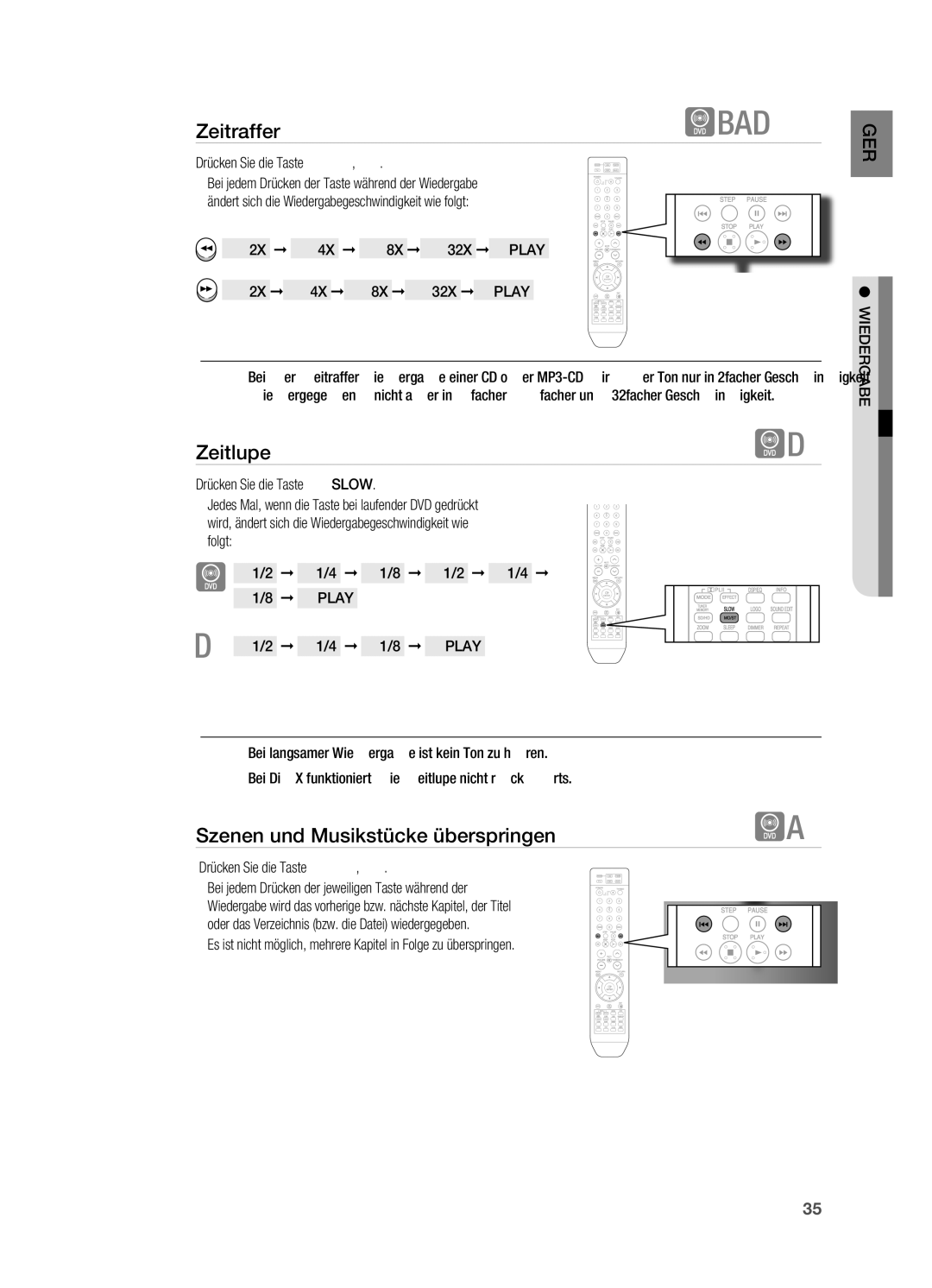 Samsung HT-TX715T/EDC, HT-TX715T/XEF manual Zeitraffer, Zeitlupe, Szenen und musikstücke überspringen, Drücken Sie die Taste 