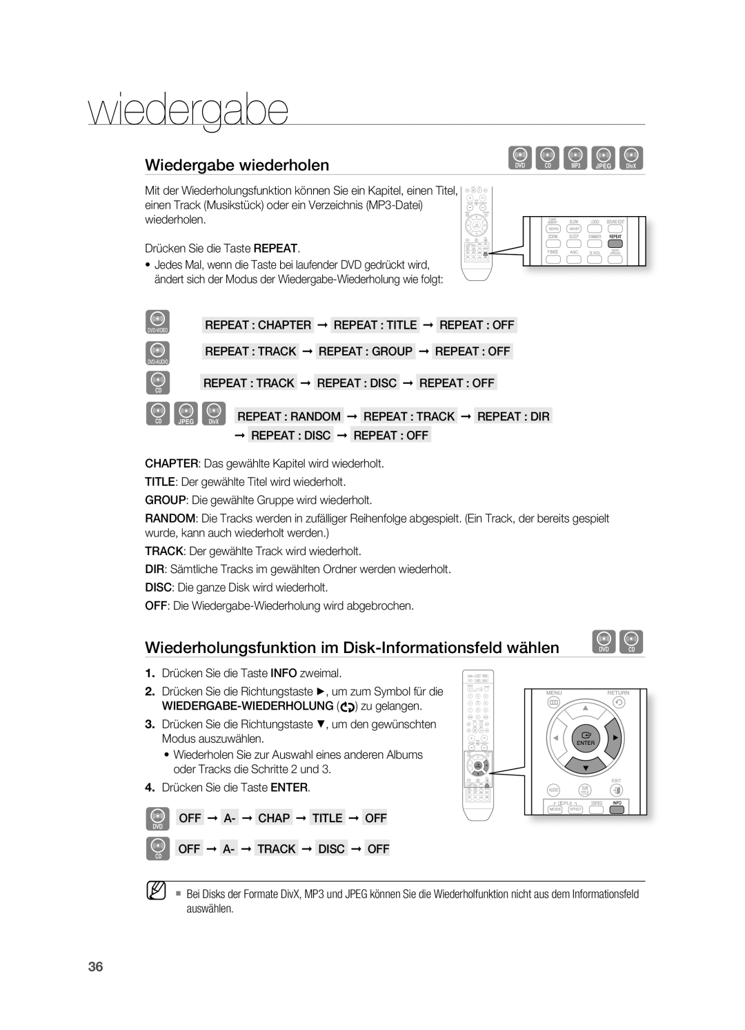 Samsung HT-TX715T/XEF, HT-TX715T/EDC manual Wiedergabe wiederholen, Wiederholungsfunktion im disk-Informationsfeld wählen 