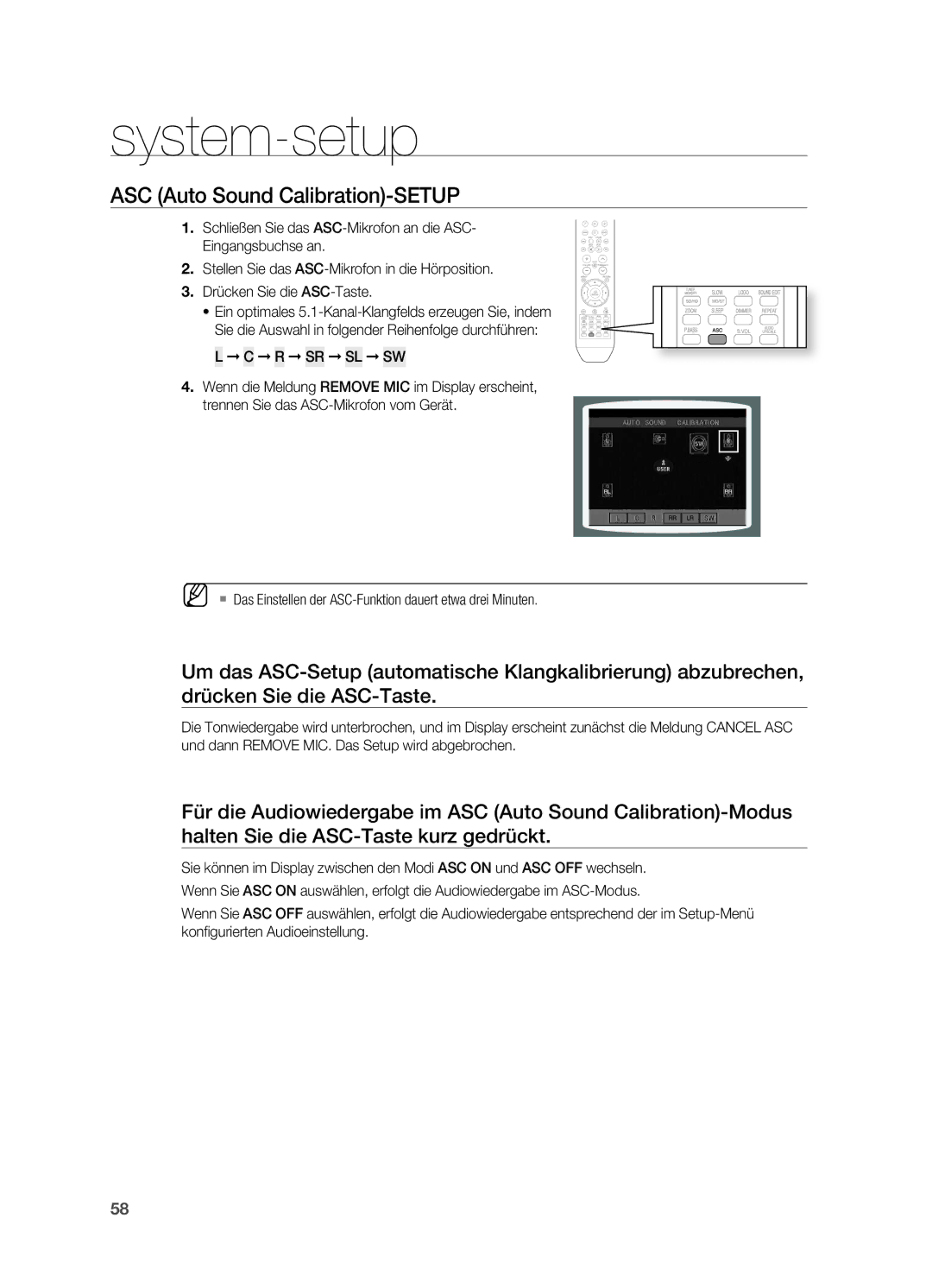 Samsung HT-X715T/XEU, HT-TX715T/EDC, HT-TX715T/XEF R Sr Sl Sw, ` Das Einstellen der ASC-Funktion dauert etwa drei Minuten 