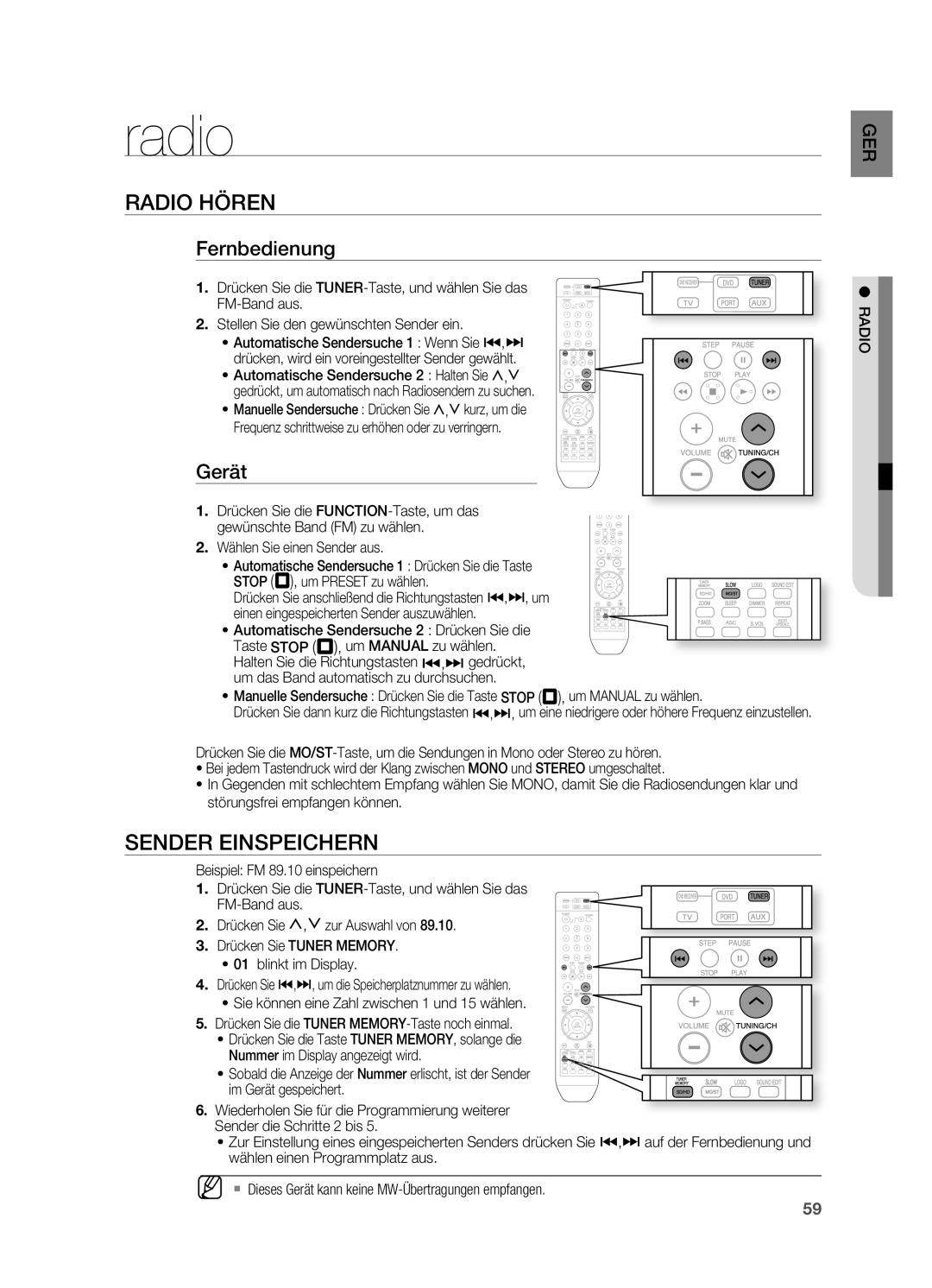 Samsung HT-TX715T/ADL, HT-TX715T/EDC, HT-TX715T/XEF, HT-X715T/EDC, HT-X715T/XEU manual Radio, RADIo HöREN, Fernbedienung, Gerät 