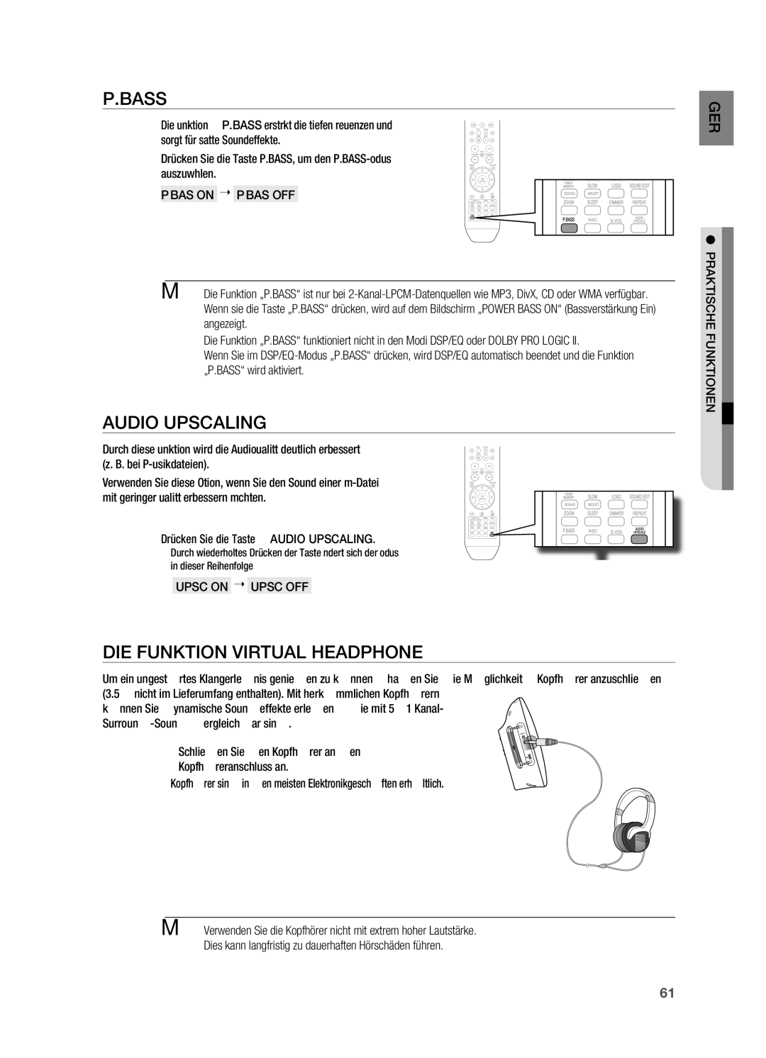 Samsung HT-TX715T/XEF manual AUDIo Upscaling, DIe FunkTIon VIrTuAL heAdphone, Upsc oN  Upsc oFF, Praktische FUNKTIoNEN 