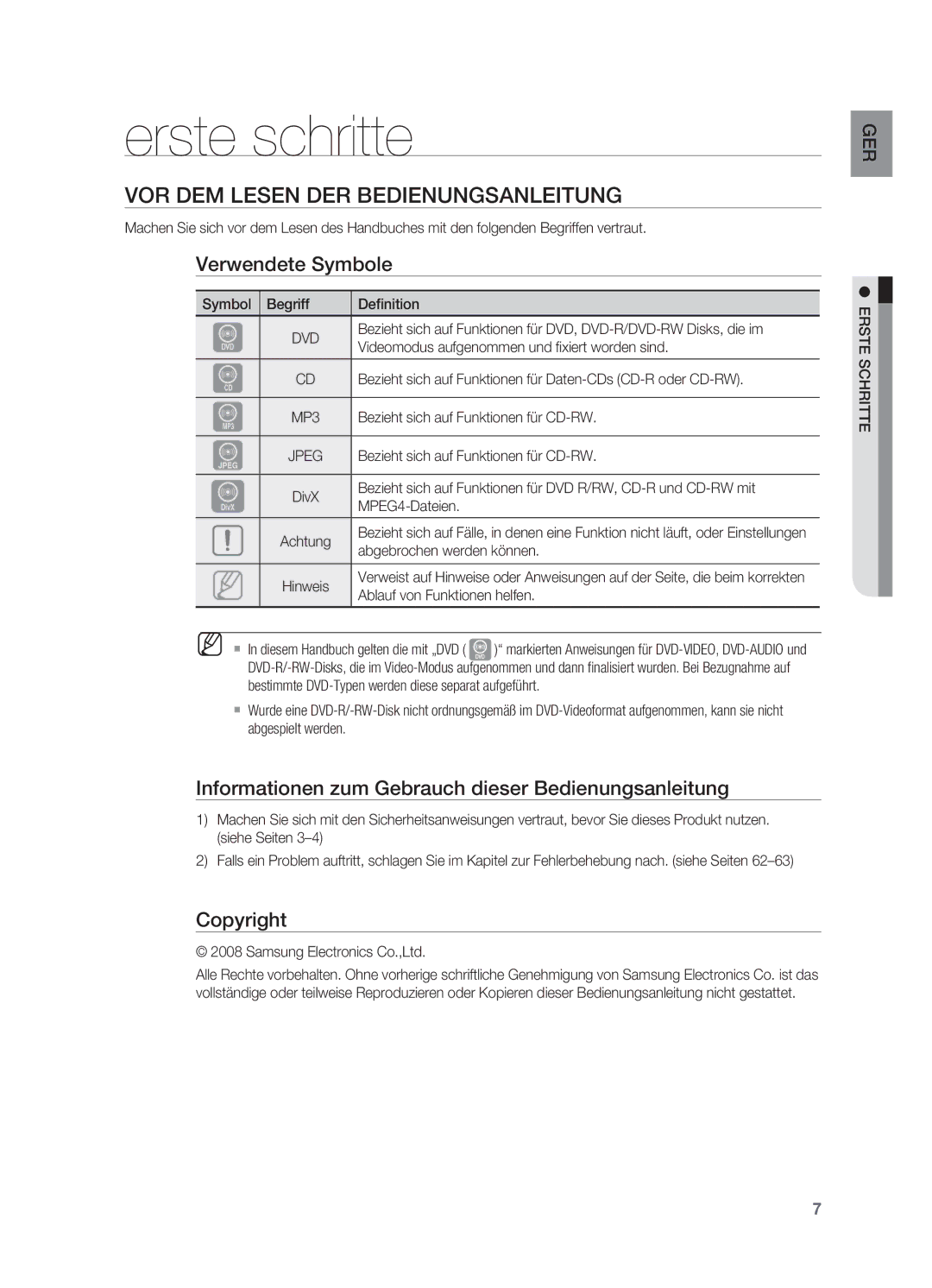 Samsung HT-X715T/EDC, HT-TX715T/EDC Erste schritte, Vor dem Lesen DER Bedienungsanleitung, Verwendete Symbole, Copyright 