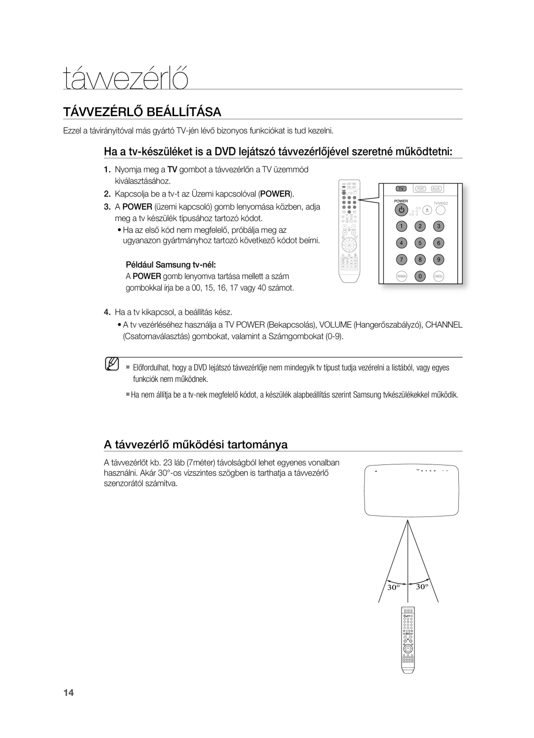 Samsung HT-TX715T/XEE, HT-TX715T/EDC manual TáVVEzÉRLő BEáLLíTáSA, Távvezérlő működési tartománya, Például Samsung tv-nél 