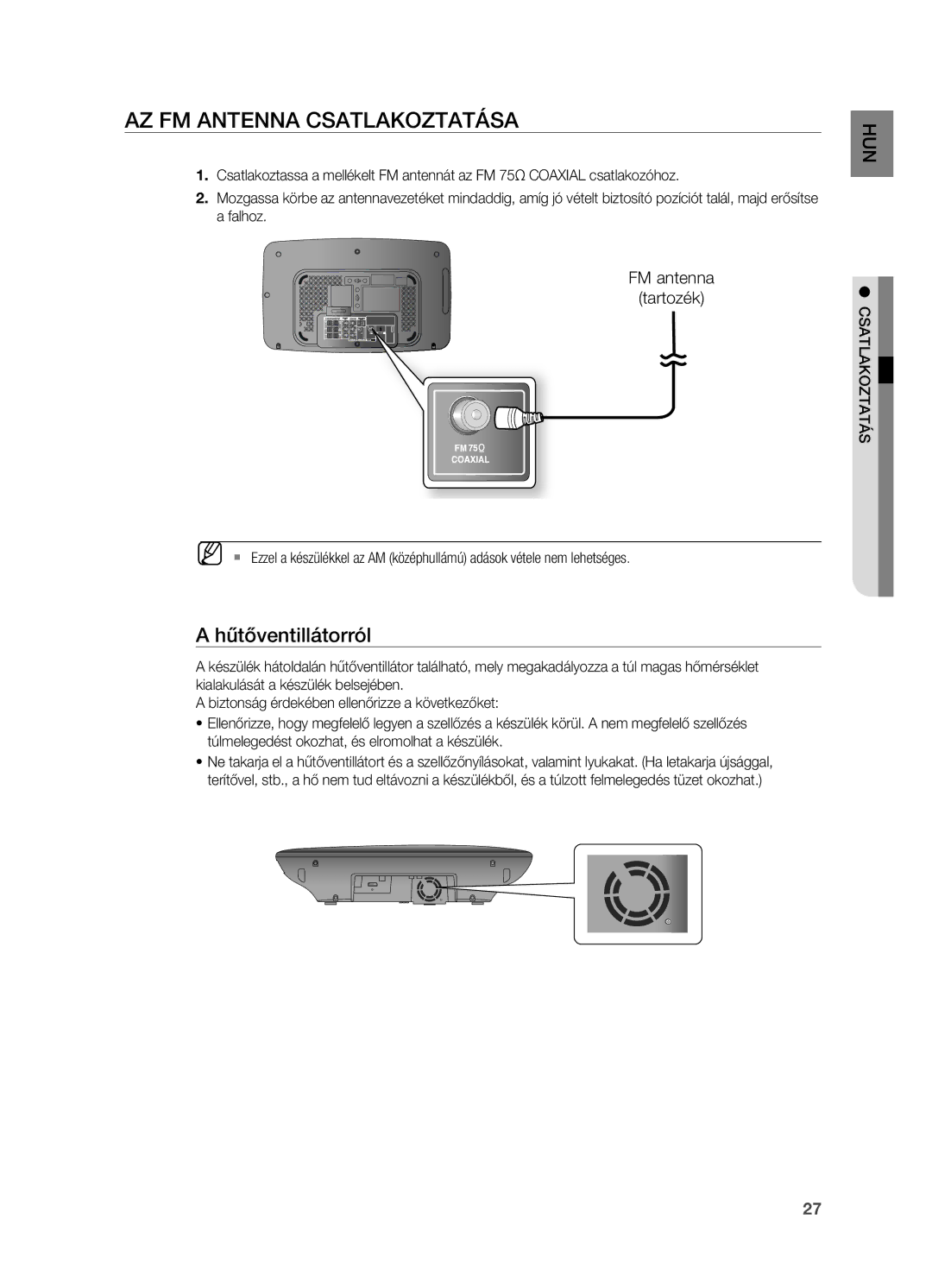 Samsung HT-X715T/XEE, HT-TX715T/EDC, HT-X715T/EDC, HT-TX715T/XEE manual Az FM Antenna CSATLAKOzTATáSA, Hűtőventillátorról 