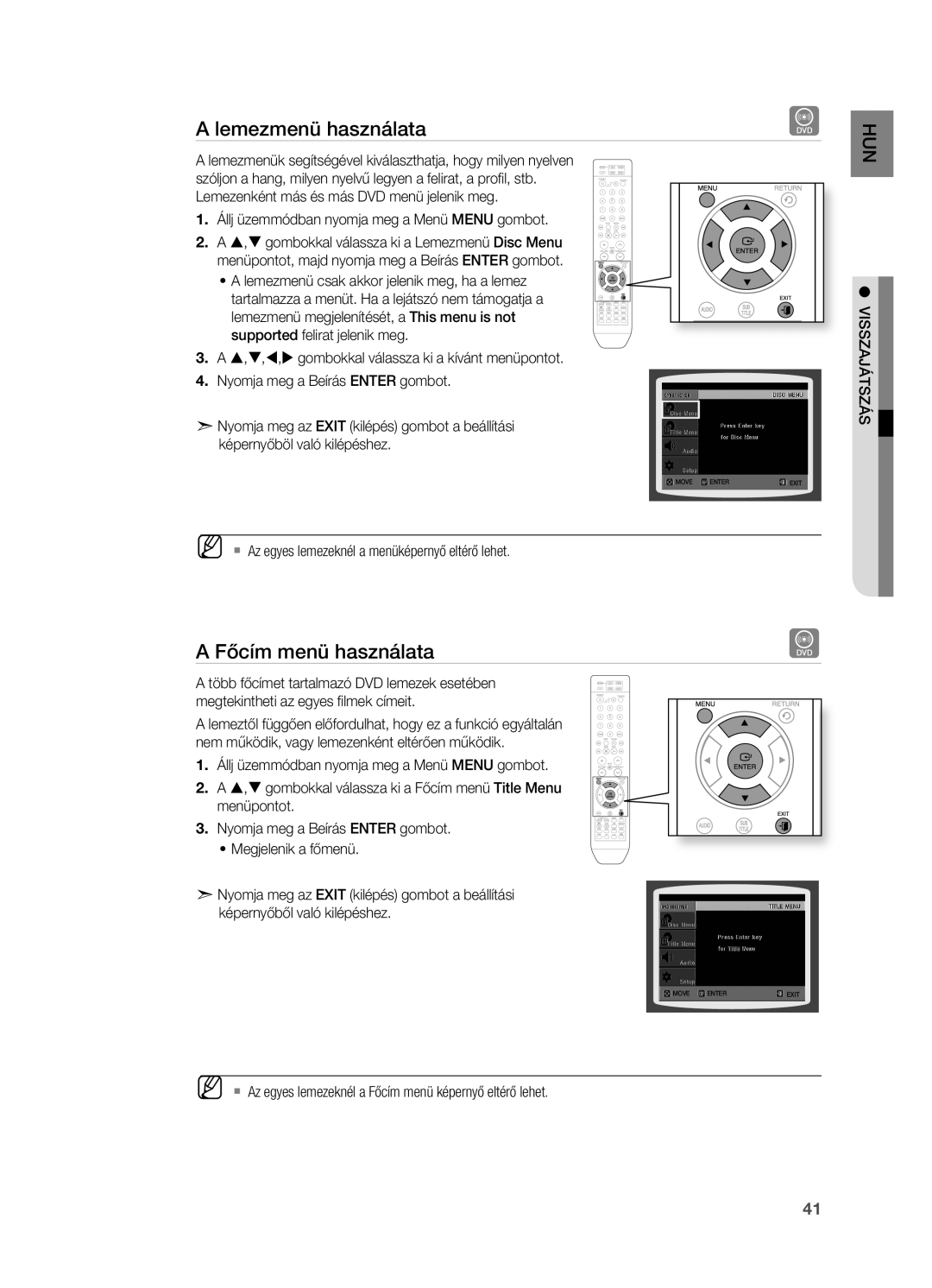 Samsung HT-X715T/EDC manual Lemezmenü használata, Főcím menü használata, Állj üzemmódban nyomja meg a Menü Menu gombot 