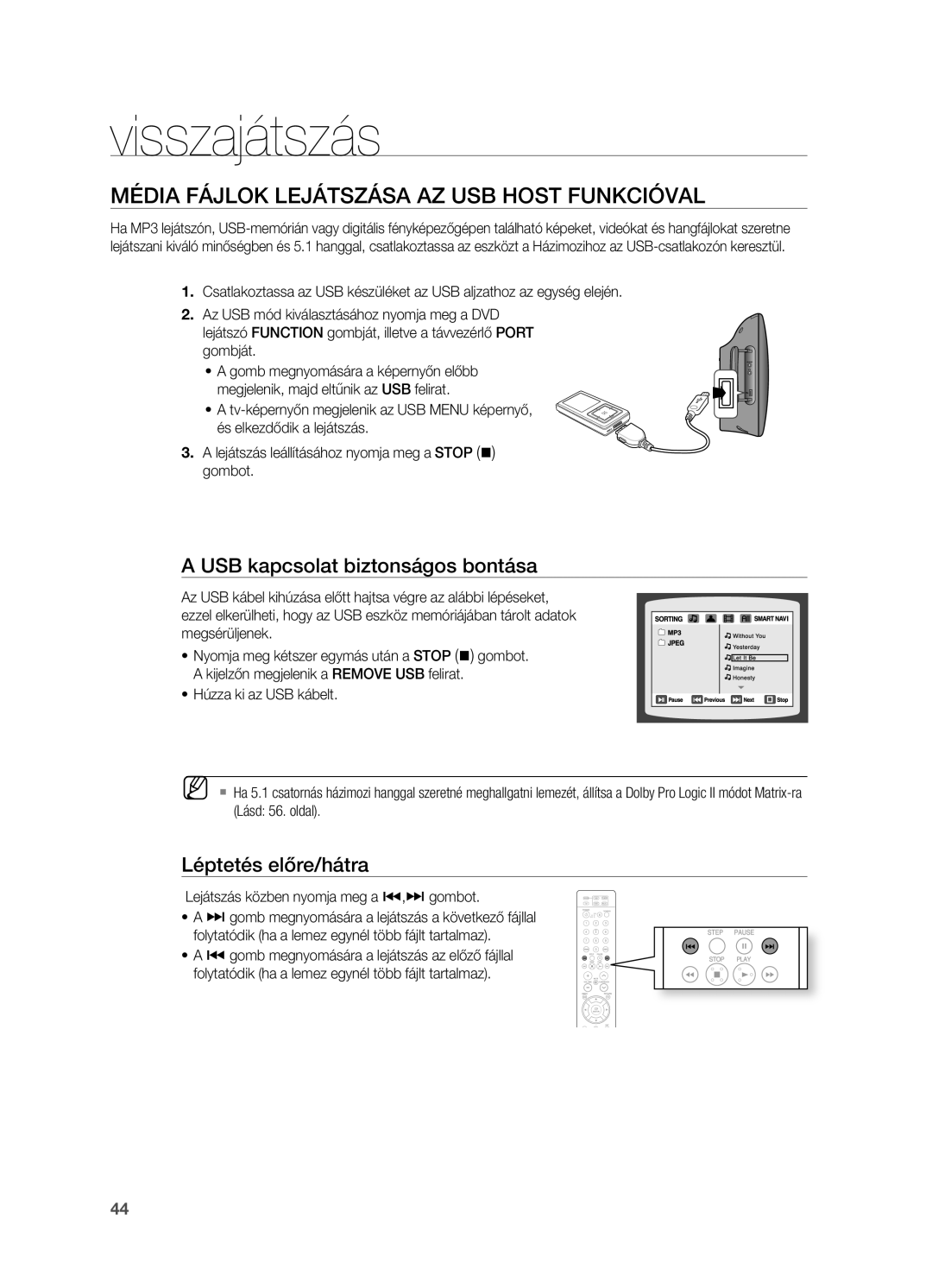 Samsung HT-TX715T/EDC, HT-X715T/EDC manual Média FájLOK LEjáTSzáSA Az USB Host FUNKCIóVAL, USB kapcsolat biztonságos bontása 