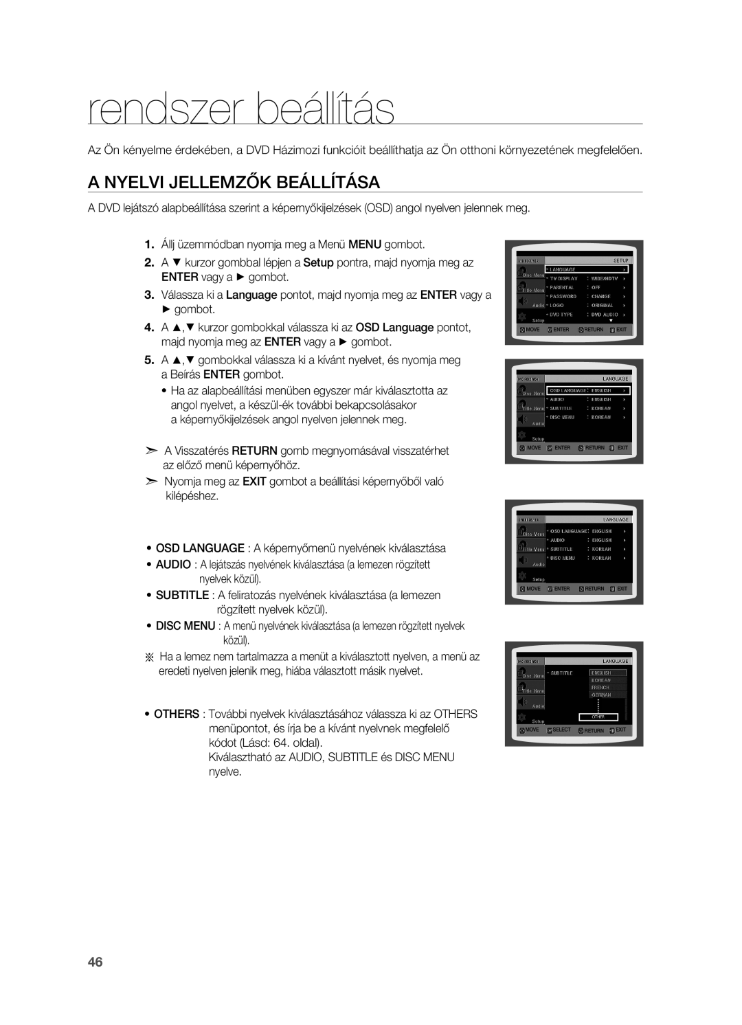 Samsung HT-TX715T/XEE, HT-TX715T/EDC, HT-X715T/EDC, HT-X715T/XEE manual Rendszer beállítás, Nyelvi jellemzők beállítása 