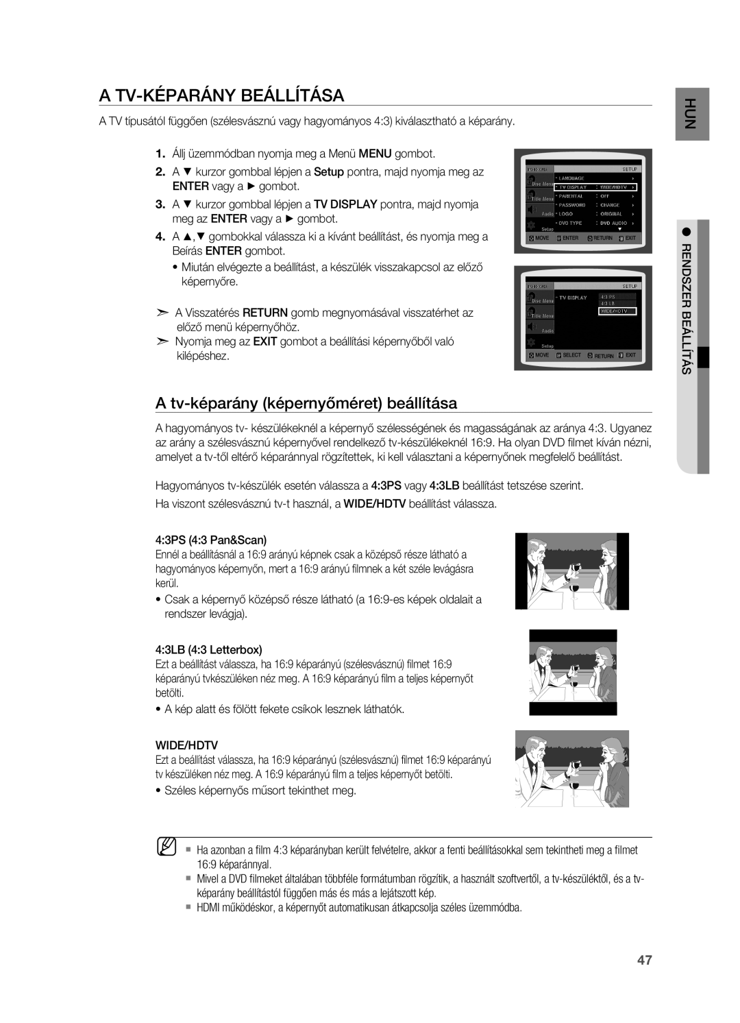 Samsung HT-X715T/XEE manual Tv-képarány beállítása, Tv-képarány képernyőméret beállítása, Wide/Hdtv, Rendszer beállítás 