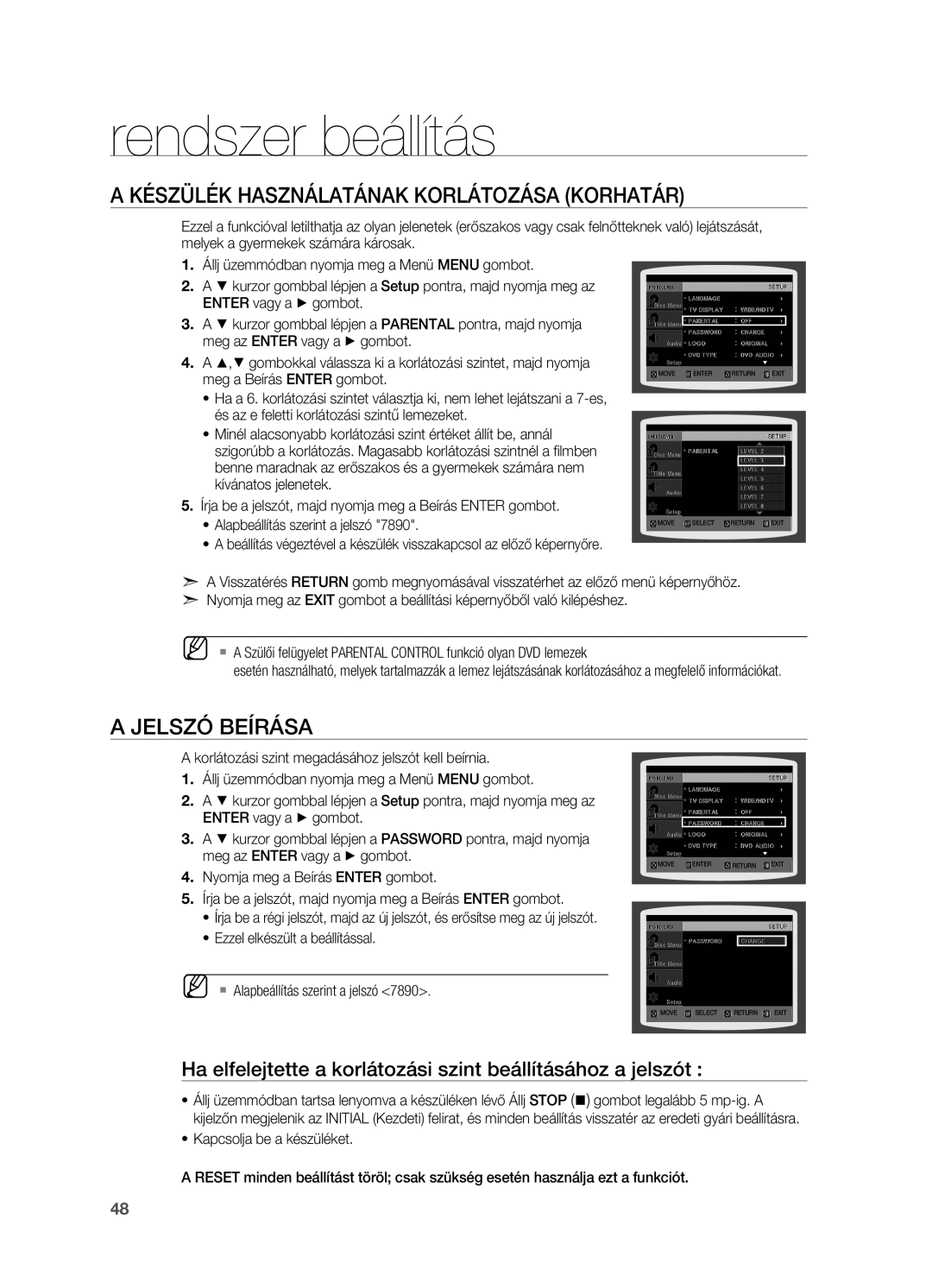 Samsung HT-TX715T/EDC, HT-X715T/EDC, HT-TX715T/XEE, HT-X715T/XEE Készülék használatának korlátozása Korhatár, Jelszó beírása 