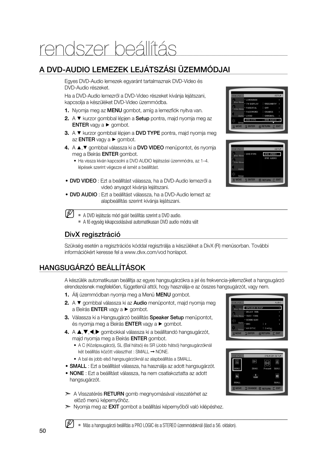 Samsung HT-TX715T/XEE, HT-TX715T/EDC DVD-Audio lemezek lejátszási üzemmódjai, DivX regisztráció Hangsugárzó beállítások 