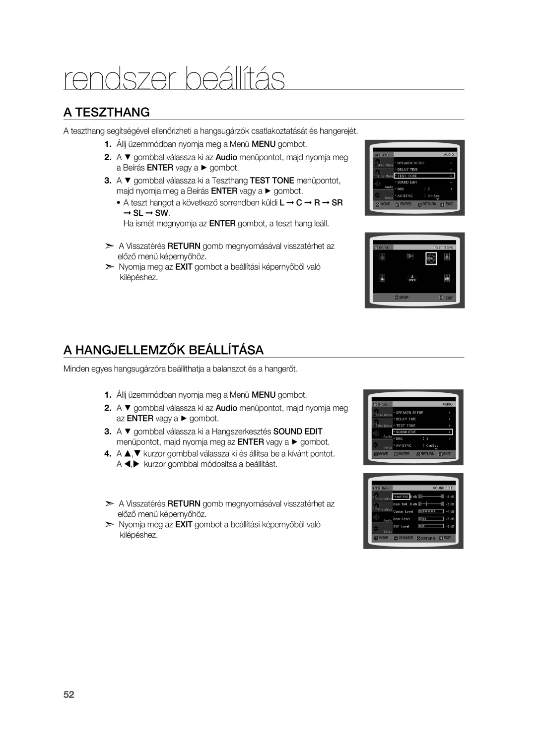 Samsung HT-TX715T/EDC, HT-X715T/EDC, HT-TX715T/XEE, HT-X715T/XEE manual Teszthang, Hangjellemzők beállítása 