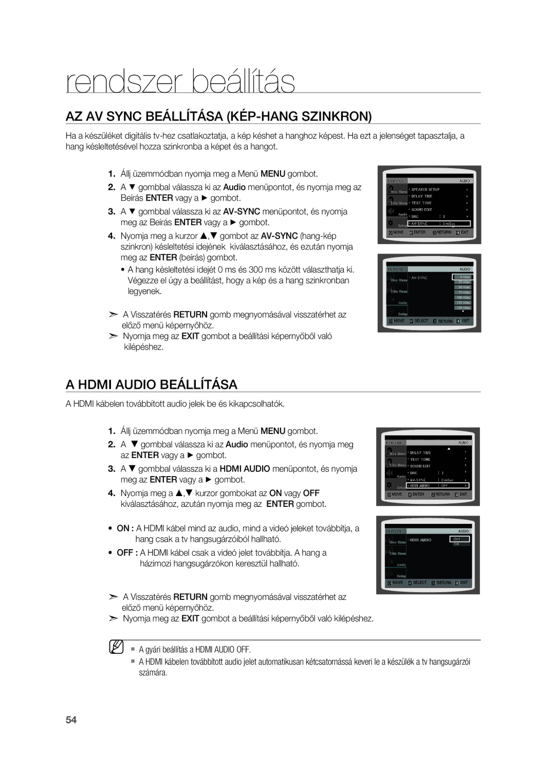 Samsung HT-TX715T/XEE, HT-TX715T/EDC, HT-X715T/EDC manual Az AV Sync beállítása Kép-hang szinkron, Hdmi Audio beállítása 