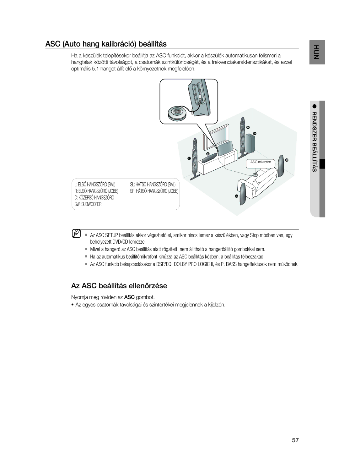 Samsung HT-X715T/EDC, HT-TX715T/EDC manual ASC Auto hang kalibráció beállítás, Az ASC beállítás ellenőrzése, SW Subwoofer 