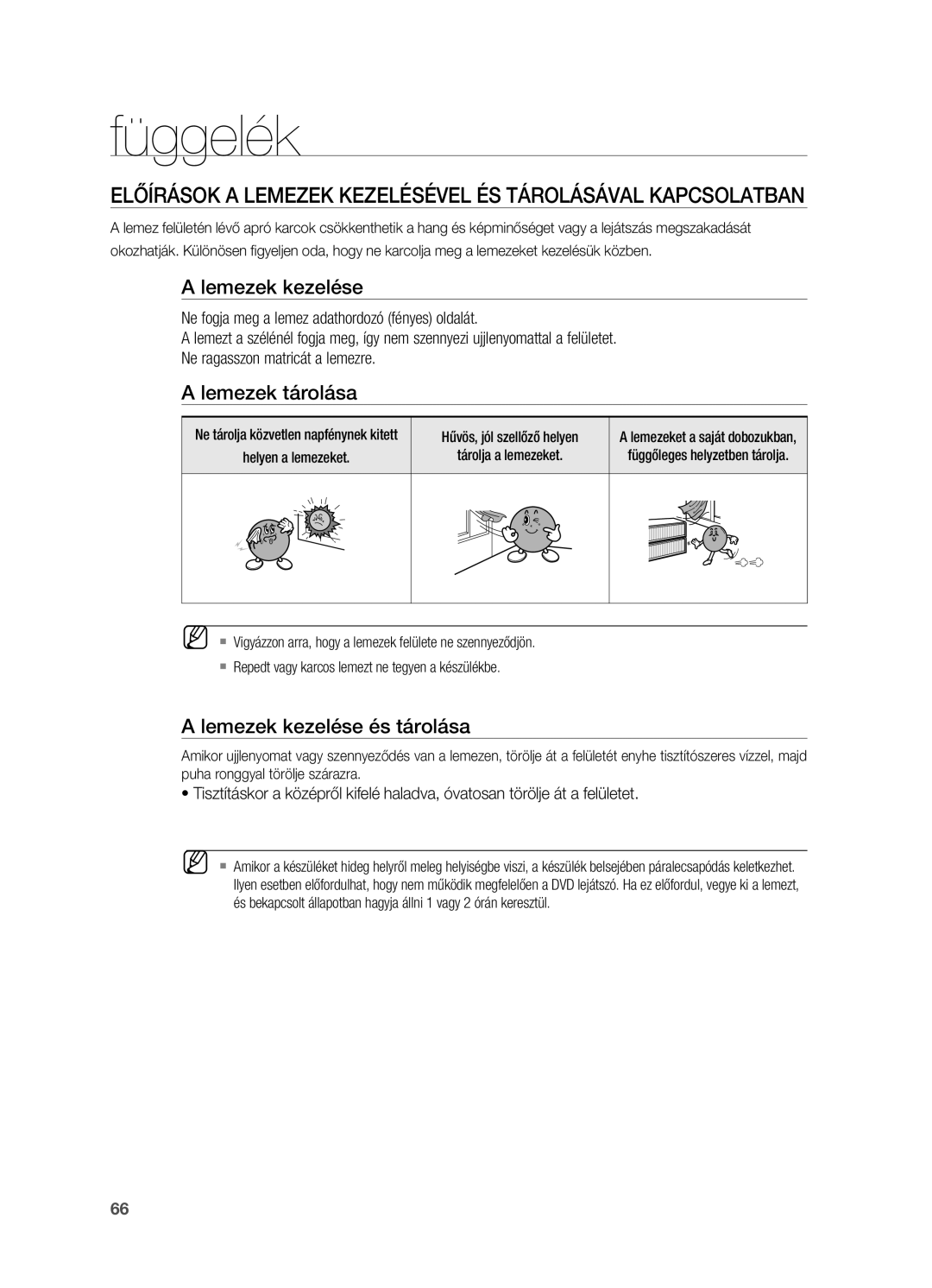 Samsung HT-TX715T/XEE manual Függelék, Előírások a lemezek kezelésével és tárolásával kapcsolatban, Lemezek kezelése 