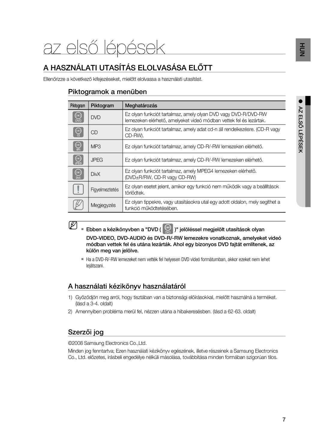 Samsung HT-X715T/XEE manual Az első lépések, Használati Utasítás elolvasása elŐtt, Piktogramok a menüben, Szerzői jog 