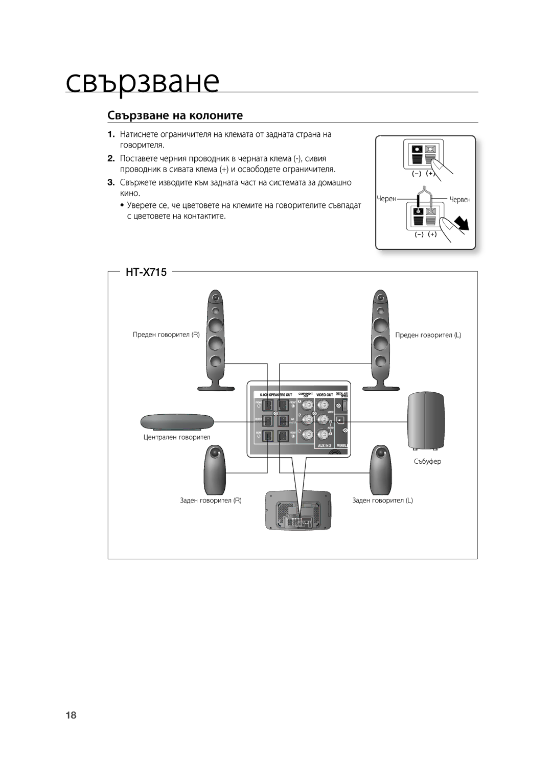 Samsung HT-TX715T/EDC, HT-X715T/EDC manual Свързване на колоните, Говорителя, Кино, Цветовете на контактите 