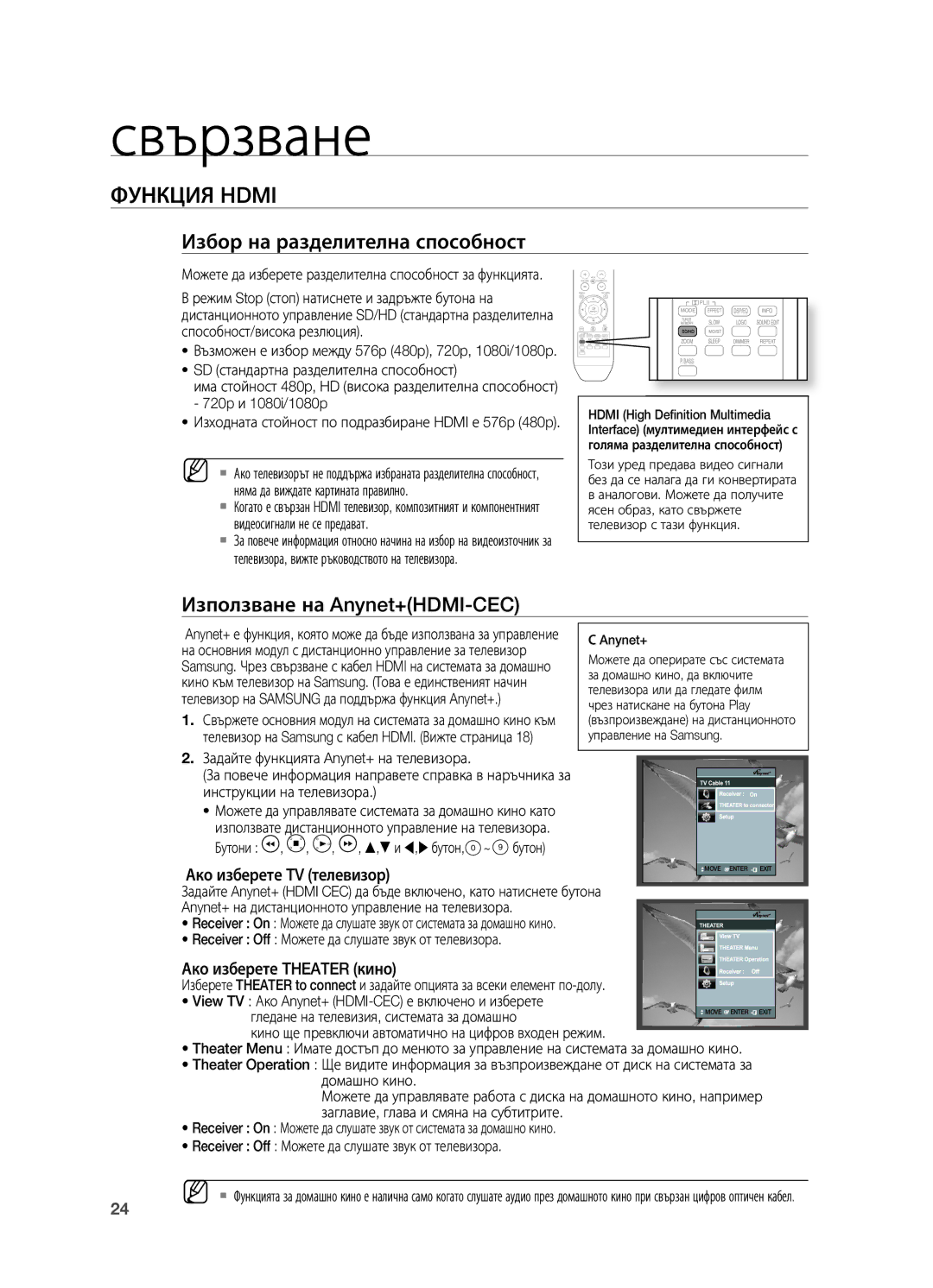 Samsung HT-TX715T/EDC, HT-X715T/EDC manual Функция Hdmi, Избор на разделителна способност, Използване на Anynet+HDMI-CEC 