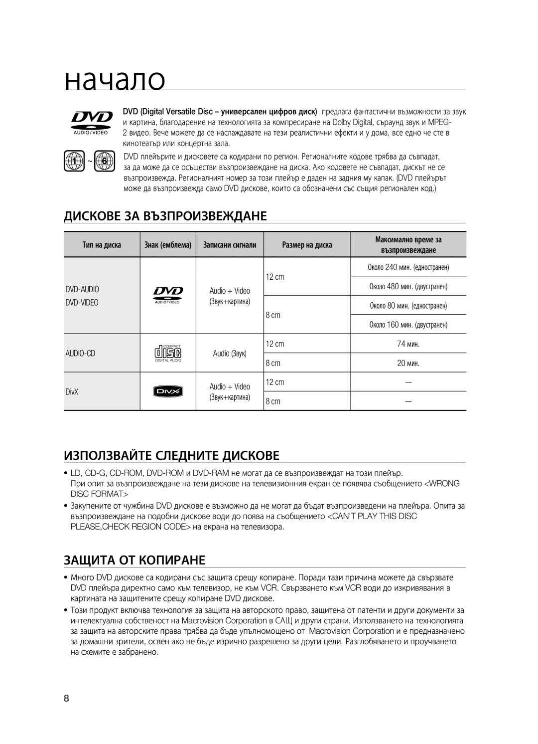 Samsung HT-TX715T/EDC, HT-X715T/EDC manual Дискове за възпроизвеждане, Използвайте следните дискове, Защита от копиране 