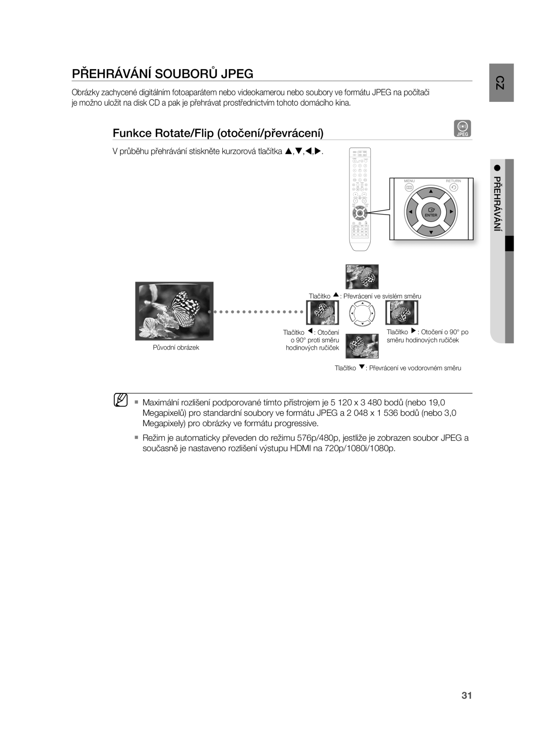 Samsung HT-X715T/EDC, HT-TX715T/EDC manual PřEHrÁVÁNÍ SOUBOrů Jpeg, Funkce rotate/Flip otočení/převrácení 