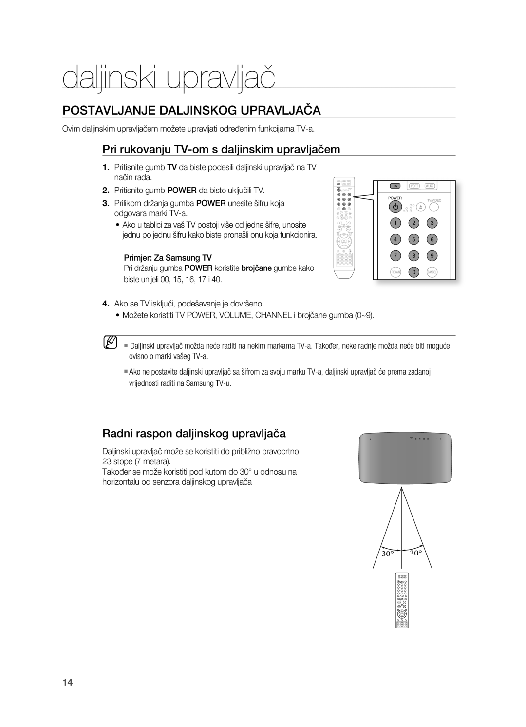 Samsung HT-TX715T/EDC, HT-X715T/EDC manual PoSTaVLjanje DaLjInSkog UPRaVLjača, Pri rukovanju TV-om s daljinskim upravljačem 