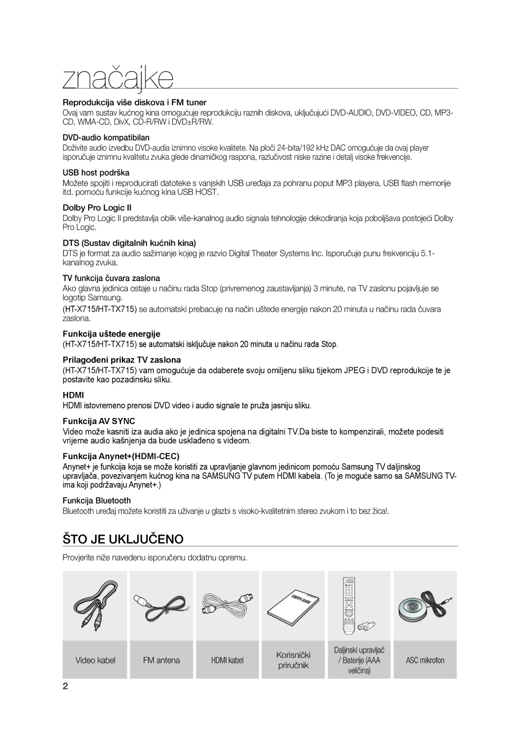 Samsung HT-TX715T/EDC, HT-X715T/EDC manual Značajke, Što je uključeno, ASC mikrofon 