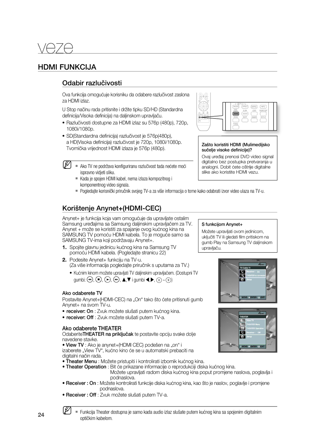 Samsung HT-TX715T/EDC, HT-X715T/EDC manual Hdmi FUnkCIja, Odabir razlučivosti, Korištenje anynet+HDMI-CeC 