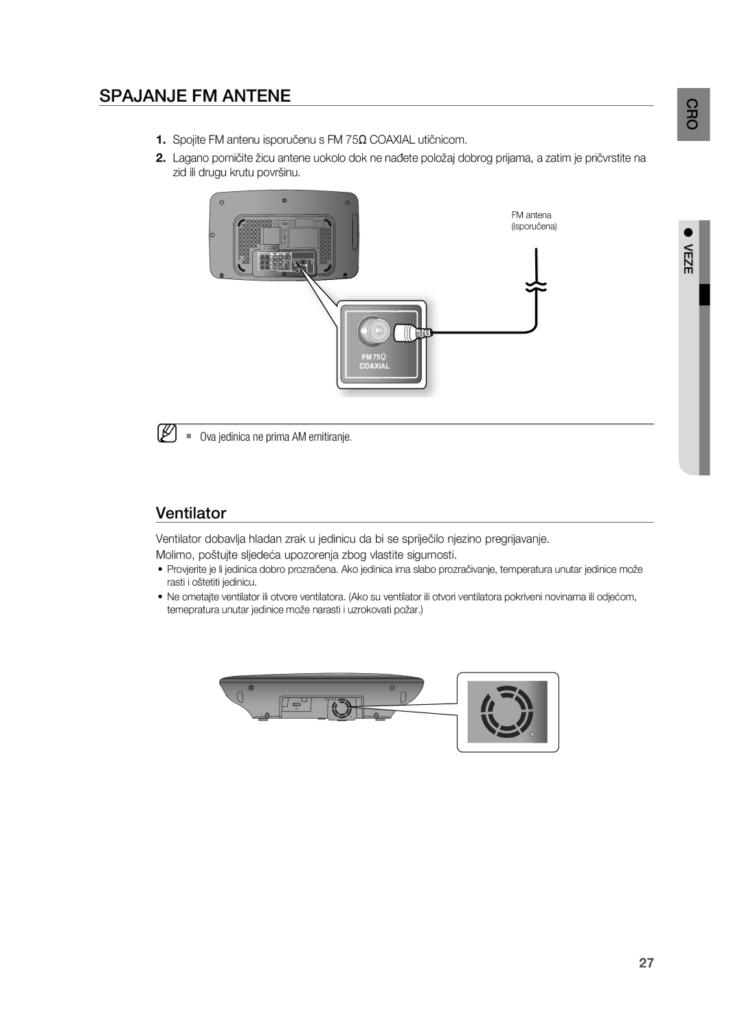 Samsung HT-X715T/EDC, HT-TX715T/EDC manual SPajanje FM anTene, Ventilator, ` Ova jedinica ne prima AM emitiranje 