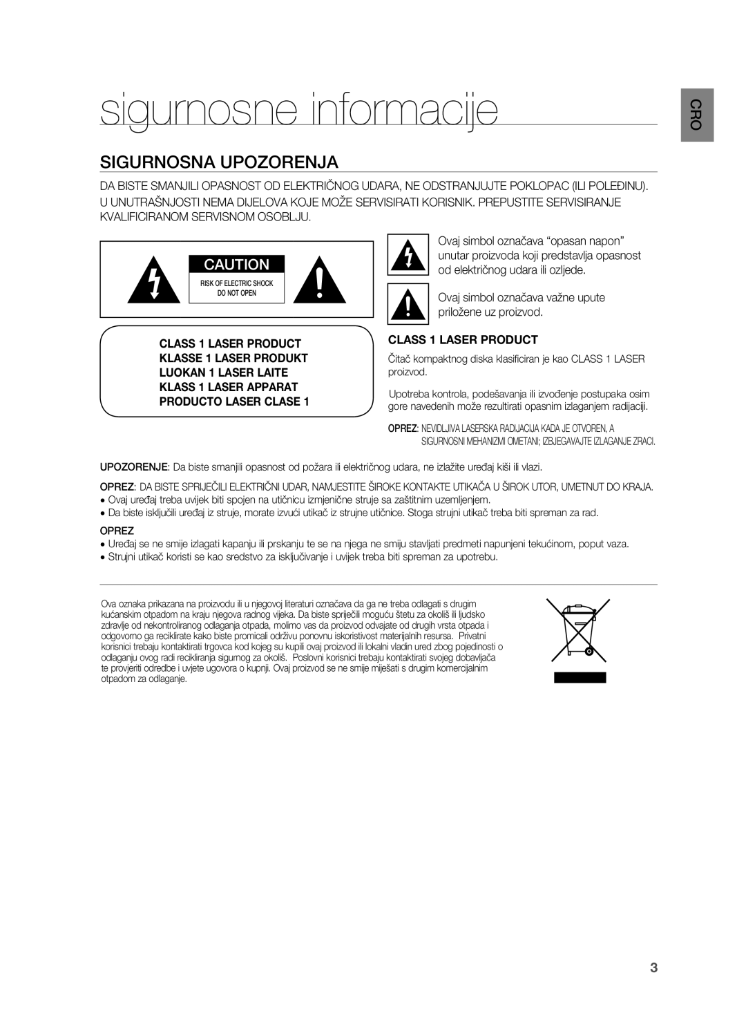 Samsung HT-X715T/EDC, HT-TX715T/EDC manual Sigurnosne informacije, Sigurnosna upozorenja, Od električnog udara ili ozljede 