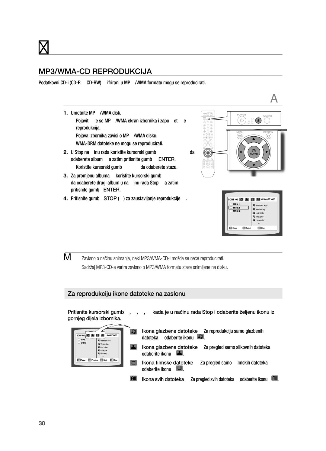 Samsung HT-TX715T/EDC, HT-X715T/EDC manual MP3/WMa-CD RePRoDUkCIja, Za reprodukciju ikone datoteke na zaslonu 