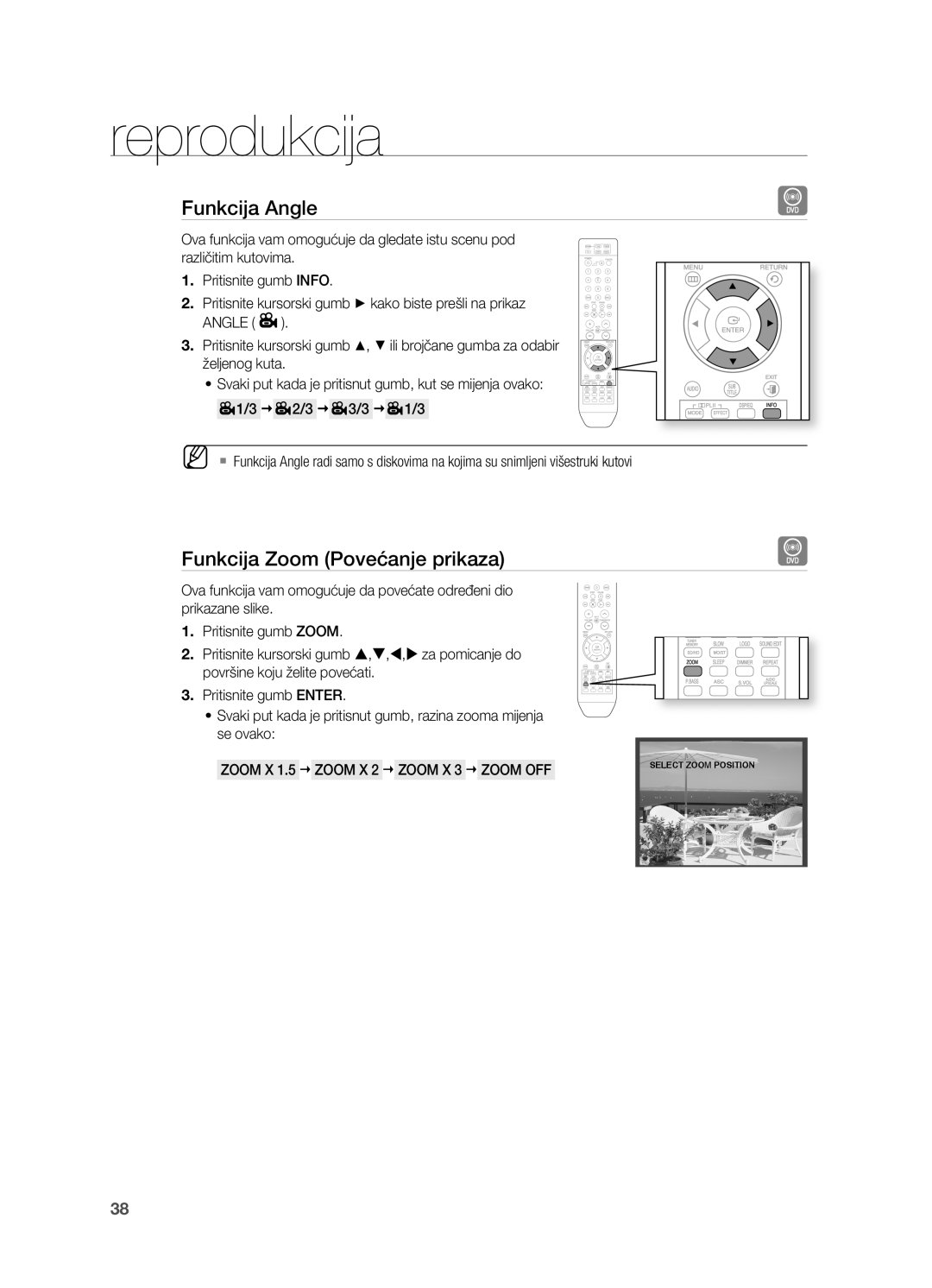 Samsung HT-TX715T/EDC, HT-X715T/EDC manual Funkcija angle, Funkcija zoom Povećanje prikaza 