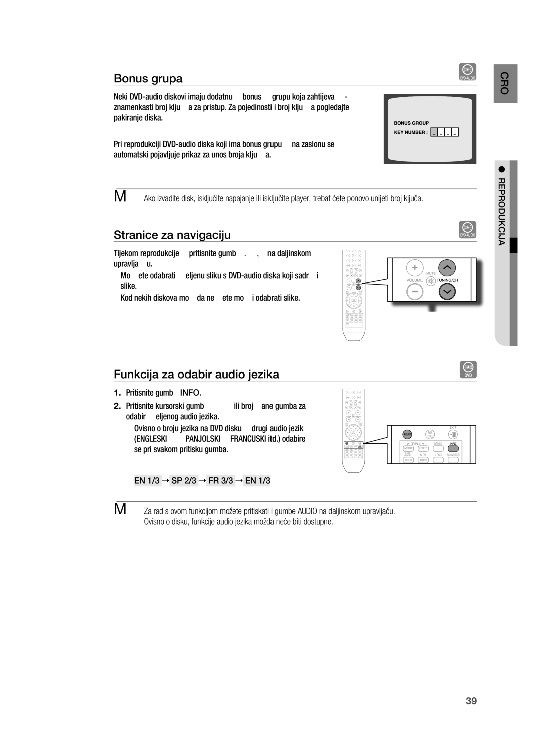 Samsung HT-X715T/EDC, HT-TX715T/EDC manual Bonus grupa, Stranice za navigaciju, Funkcija za odabir audio jezika 